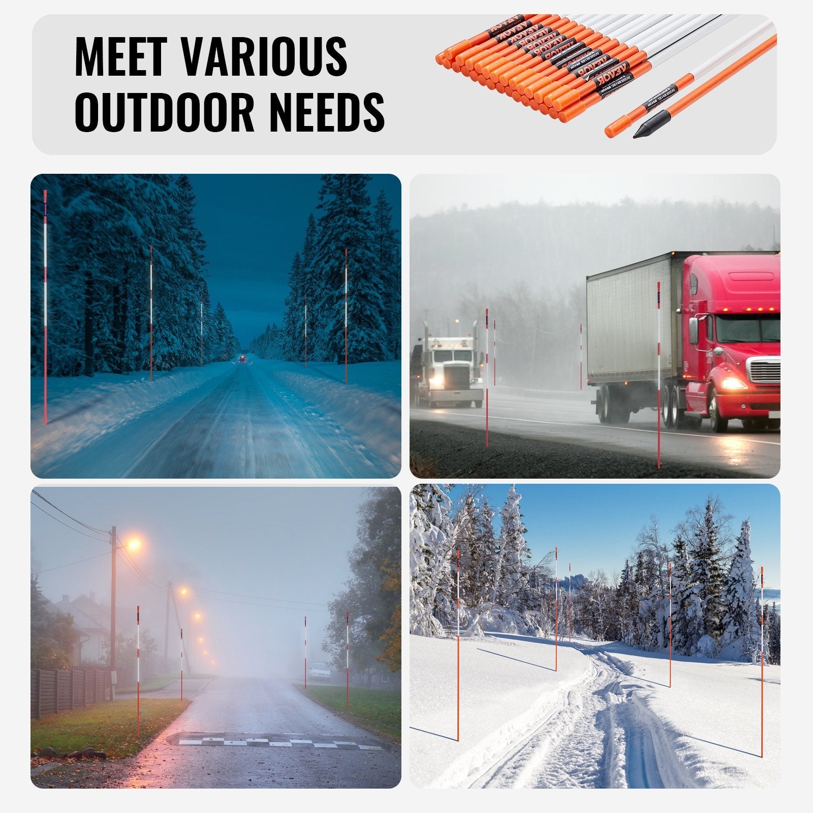 VEVOR Driveway Markers, 30 PCS 48 inch, 0.31 inch Diameter, Orange Fiberglass Poles Snow Stakes with Reflective Tape, 12" Steel Drill Bit & Protection Gloves for Parking Lots, Walkways Easy Visibility 