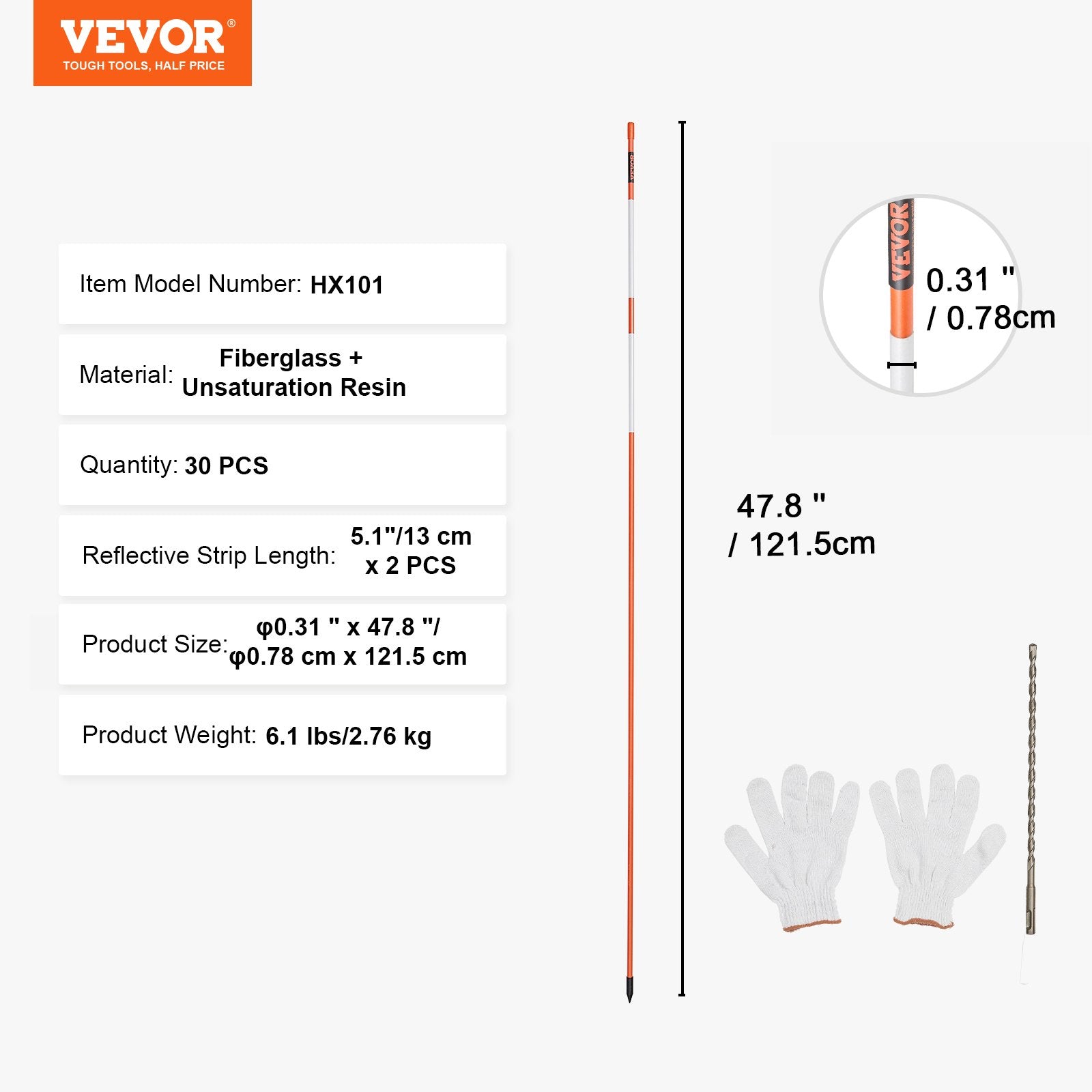VEVOR Driveway Markers, 30 PCS 48 inch, 0.31 inch Diameter, Orange Fiberglass Poles Snow Stakes with Reflective Tape, 12" Steel Drill Bit & Protection Gloves for Parking Lots, Walkways Easy Visibility 