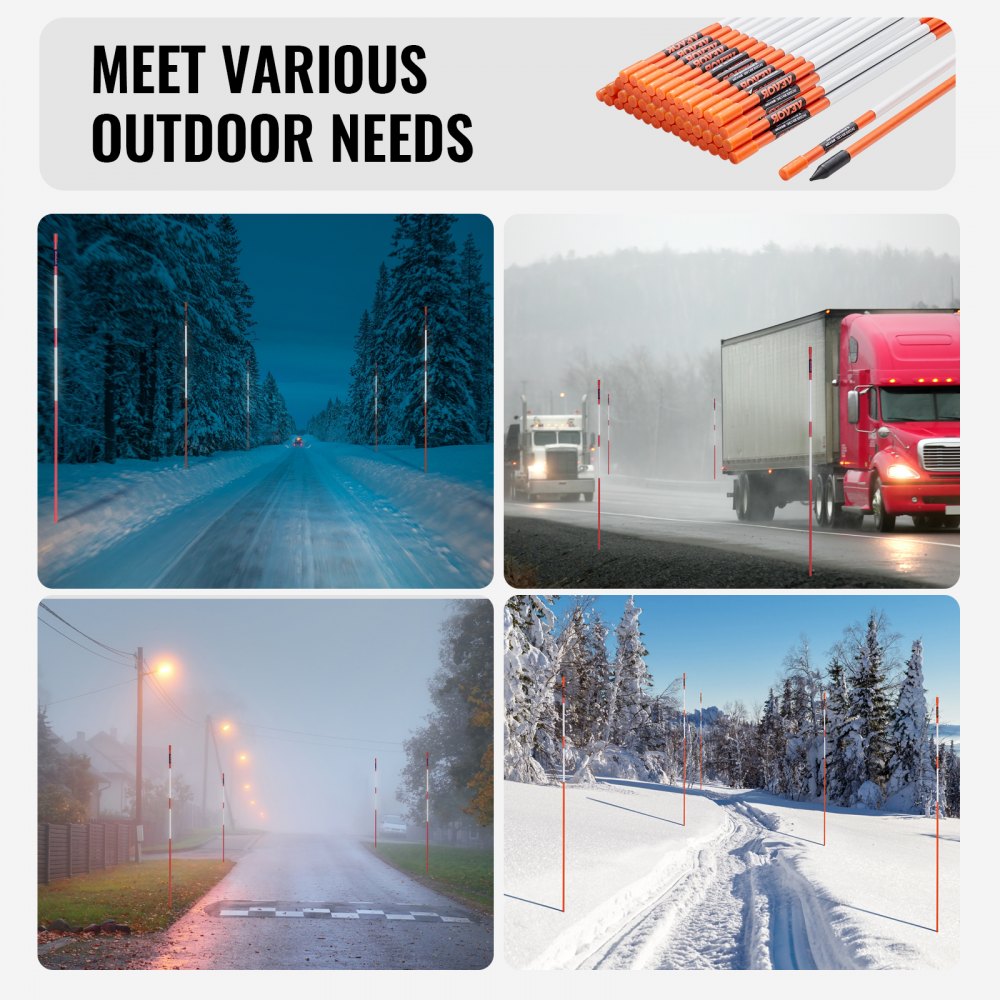 VEVOR Driveway Markers, 50 PCS 48 inch, 0.31 inch Diameter, Orange Fiberglass Poles Snow Stakes with Reflective Tape, 12" Steel Drill Bit & Protection Gloves for Parking Lots, Walkways Easy Visibility 