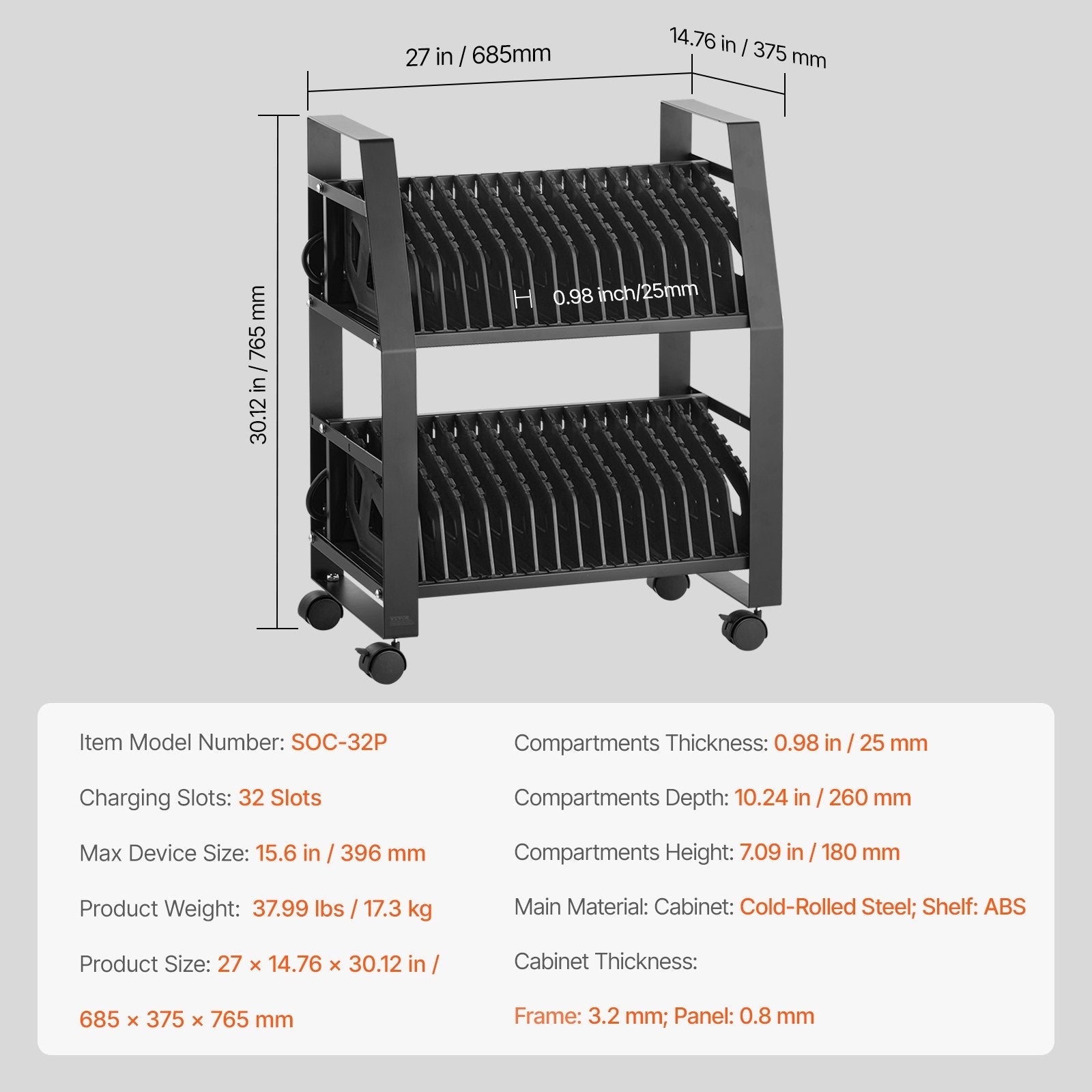 VEVOR Charging Cart Mobile Open Charging Cart 32 Devices for Laptop and Tablet 