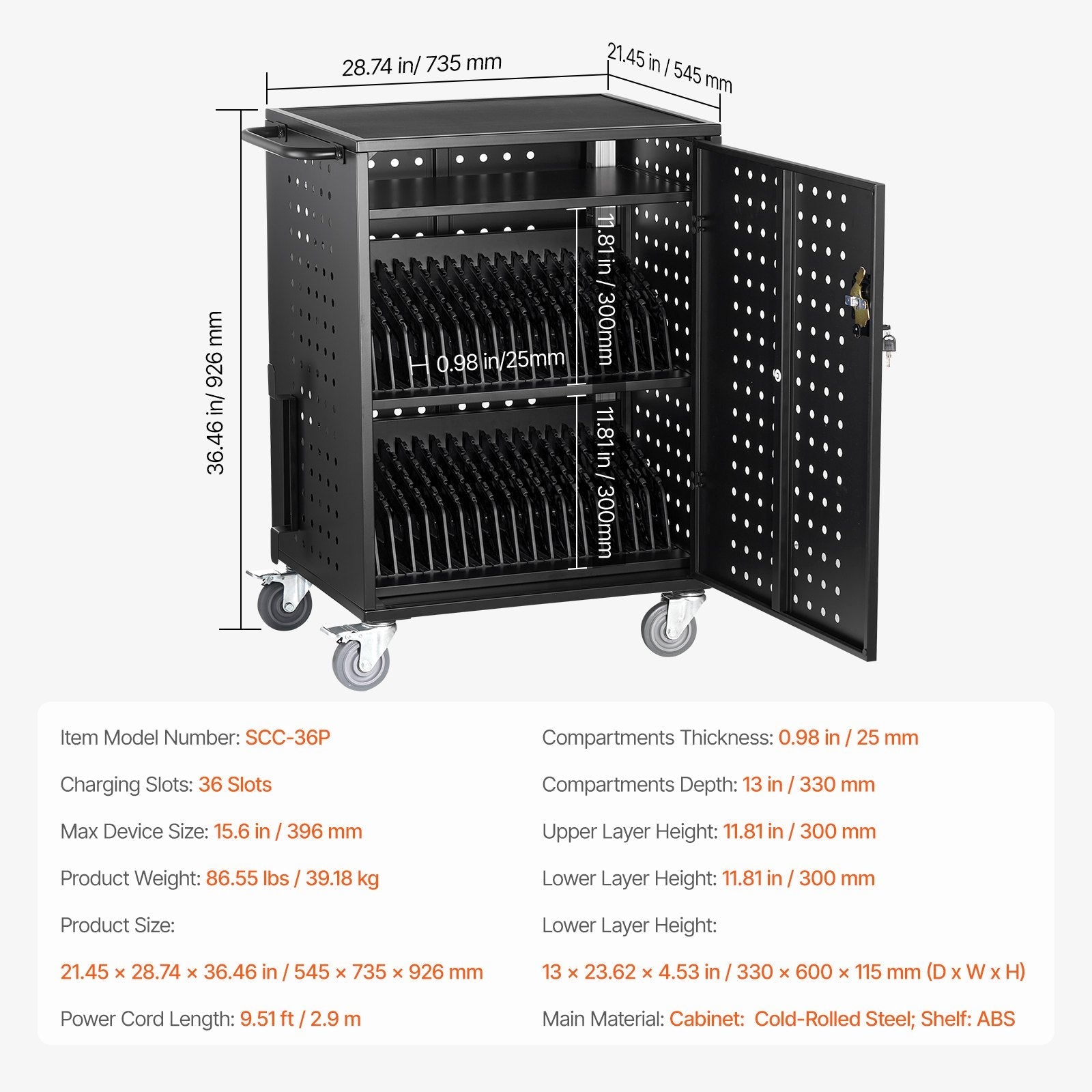 VEVOR Charging Cart Mobile Locking Charging Cart 36 Devices for Laptop & Tablet 