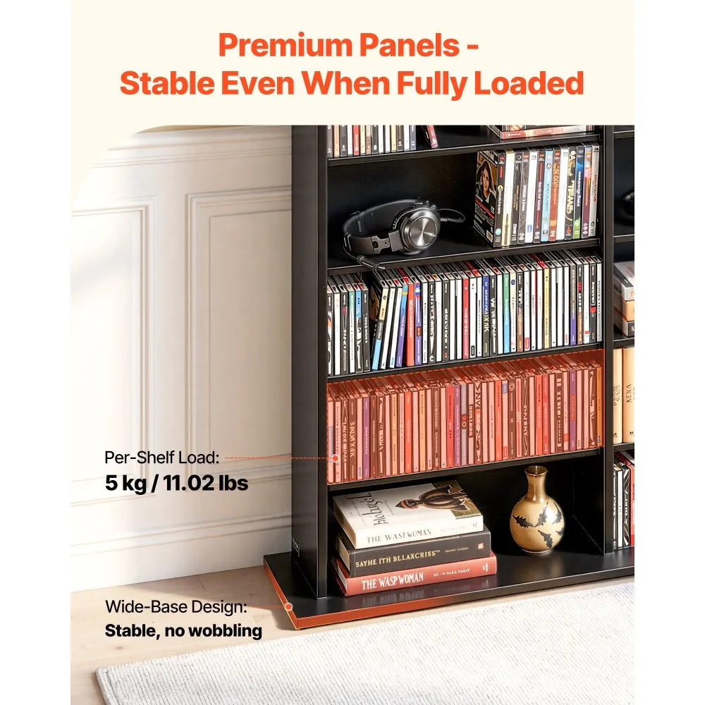 8-Tier Media Storage Cabinet for CDs, DVDs, Books & Games – 24 Adjustable Multimedia Organizer with Anti-Tip Kit, Black