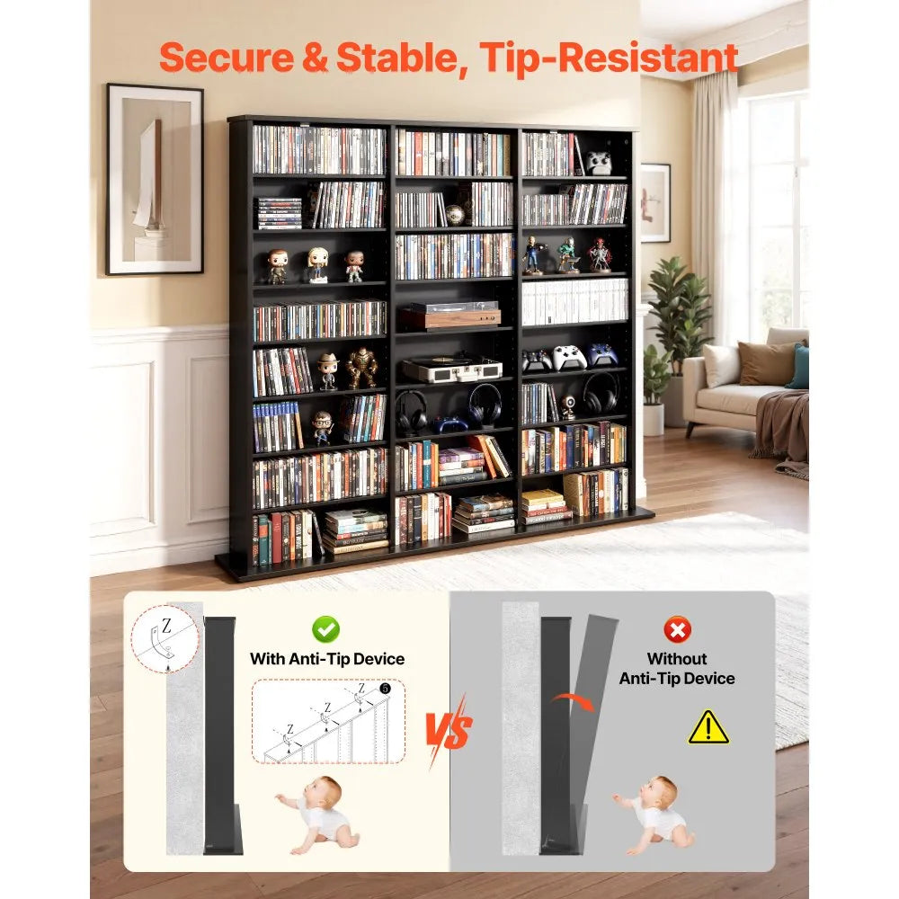 8-Tier Media Storage Cabinet for CDs, DVDs, Books & Games – 24 Adjustable Multimedia Organizer with Anti-Tip Kit, Black