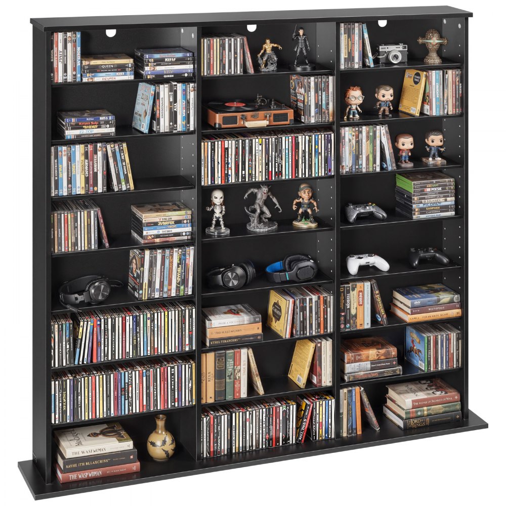 8-Tier Media Storage Cabinet for CDs, DVDs, Books & Games – 24 Adjustable Multimedia Organizer with Anti-Tip Kit, Black