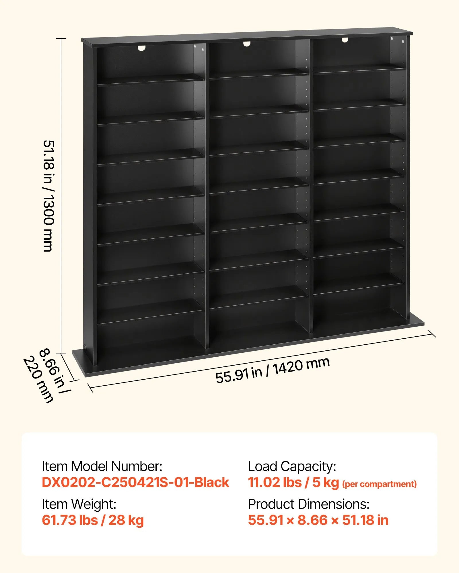 8-Tier Media Storage Cabinet for CDs, DVDs, Books & Games – 24 Adjustable Multimedia Organizer with Anti-Tip Kit, Black