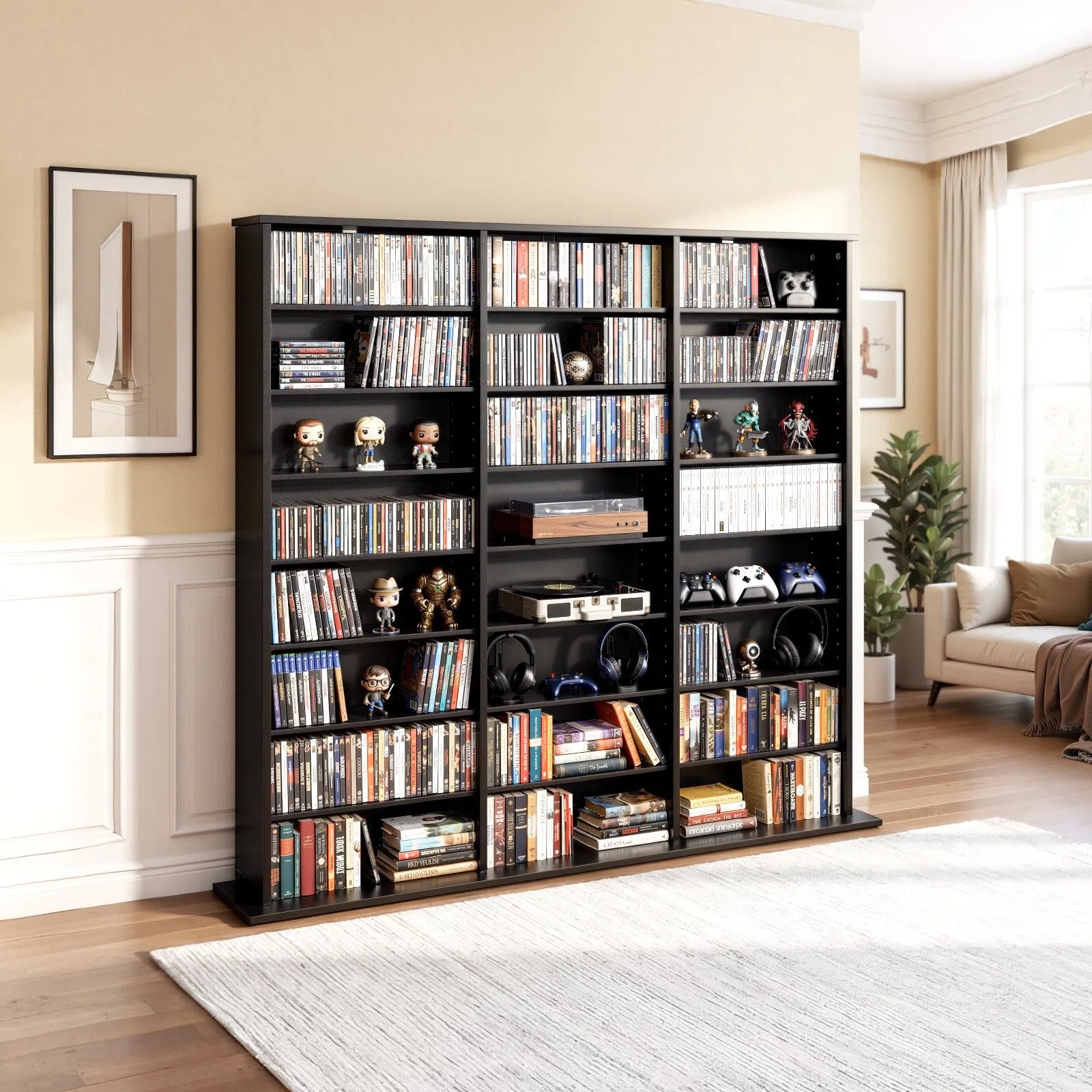 8-Tier Media Storage Cabinet for CDs, DVDs, Books & Games – 24 Adjustable Multimedia Organizer with Anti-Tip Kit, Black