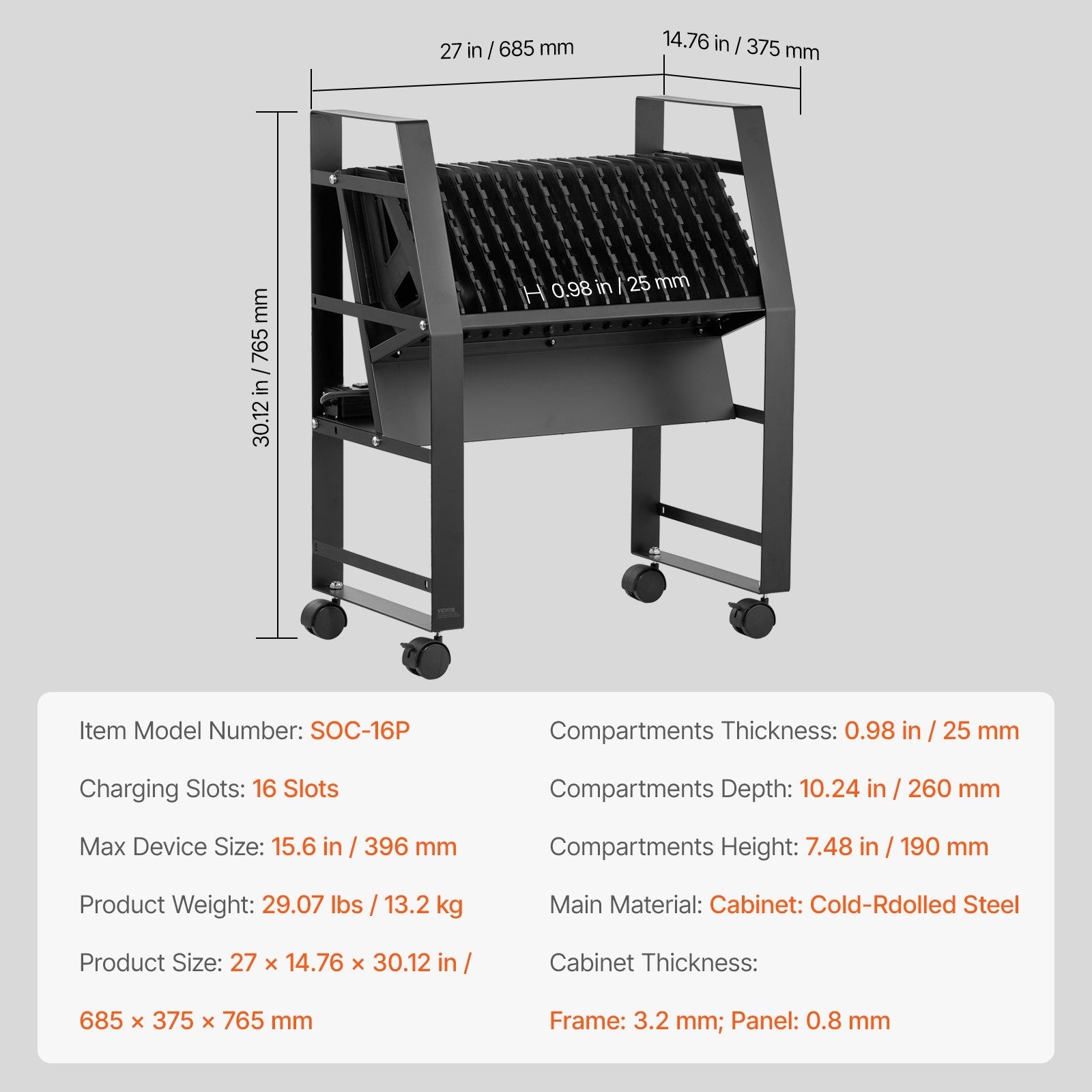 VEVOR Charging Cart Mobile Open Charging Cart 16 Devices for Laptop and Tablet 