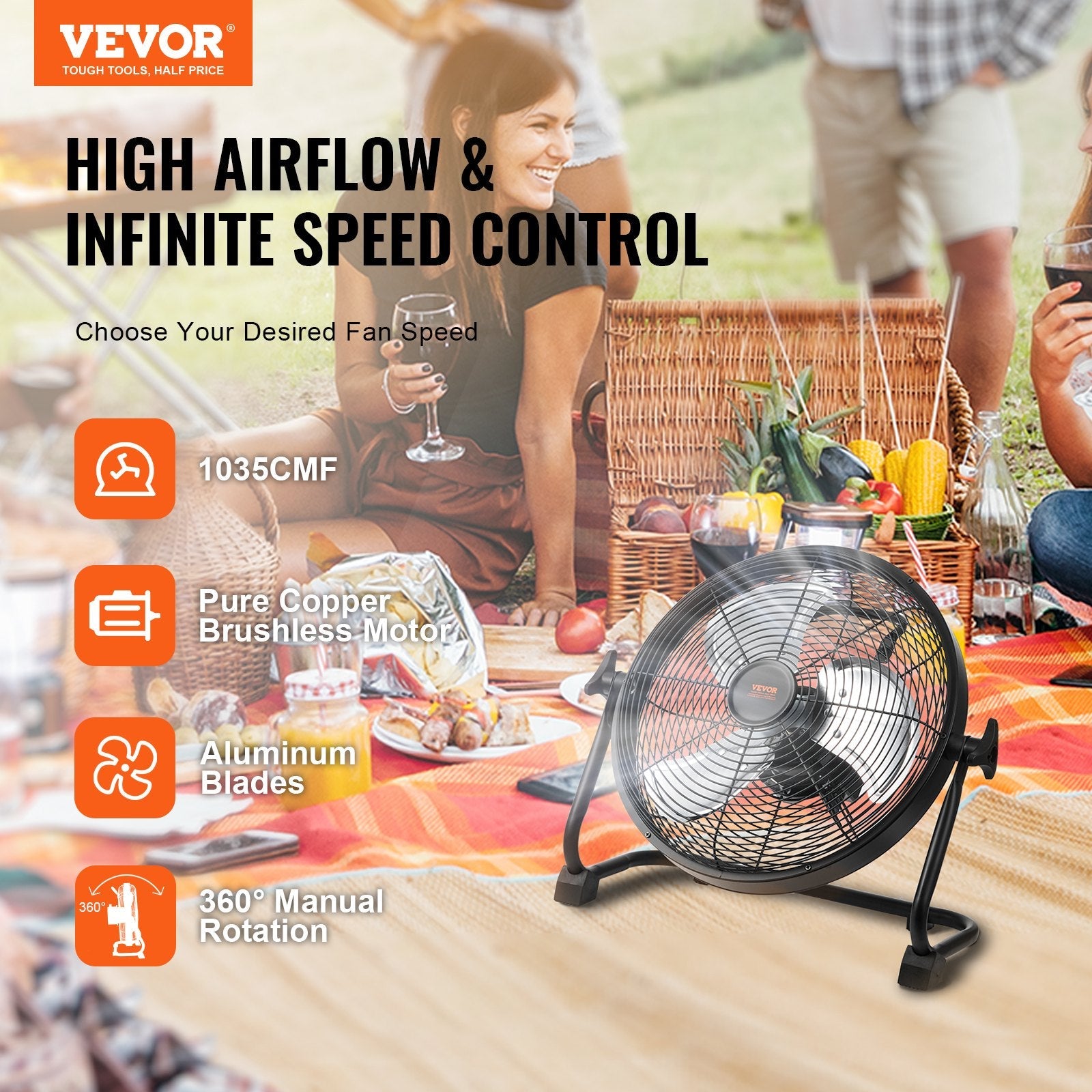 VEVOR Cordless Fan 12 in, Portable Quiet Personal Fan for Home or Office, 360 Degree Manual Pivoting Head, Stepless Speed Regulation High Velocity Cordless Fan, Heavy Duty Metal Industrial Floor Fans 