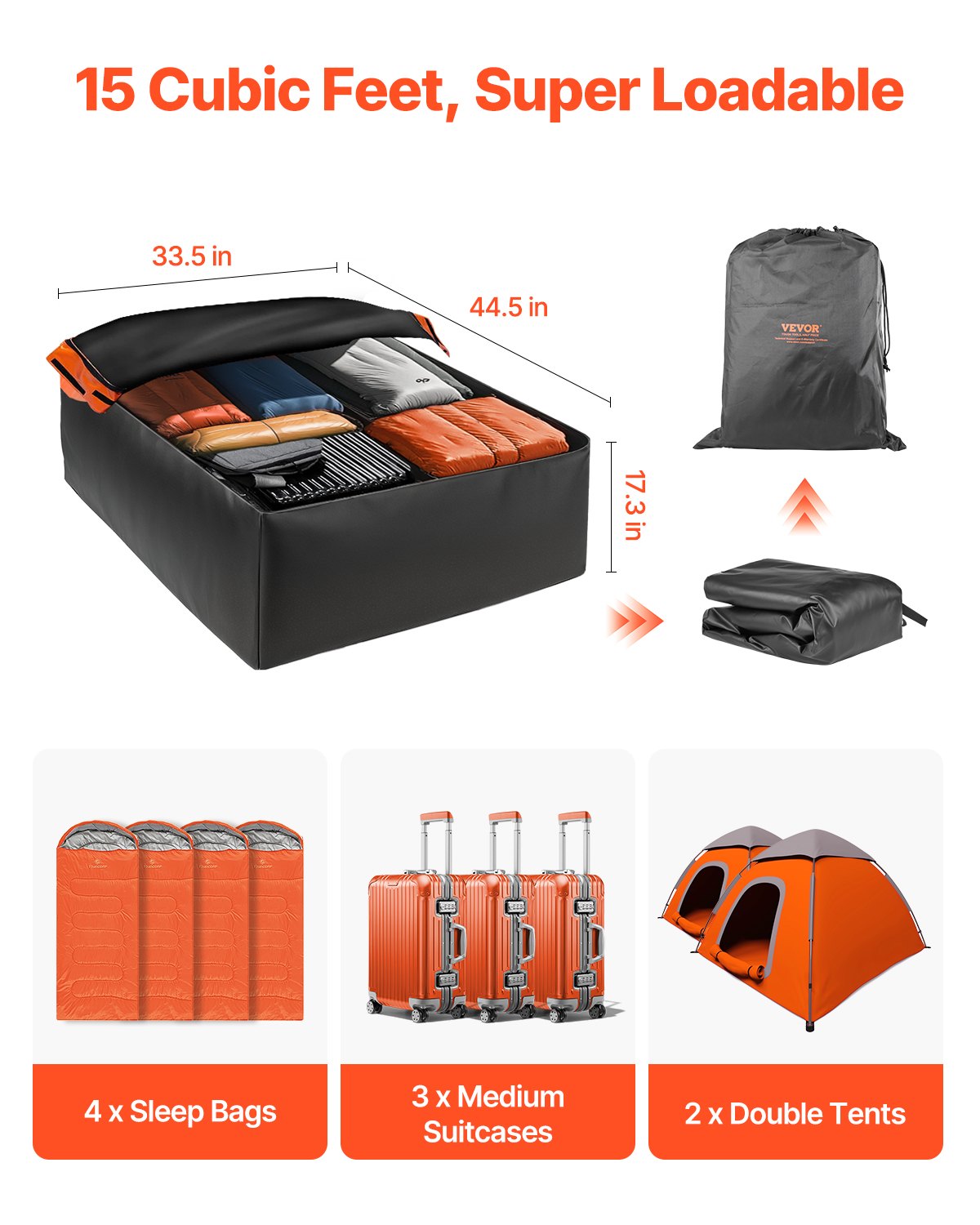 VEVOR Car Rooftop Cargo Carrier Bag 15 Cubic Feet Roof Cargo Carrier 840D PVC 