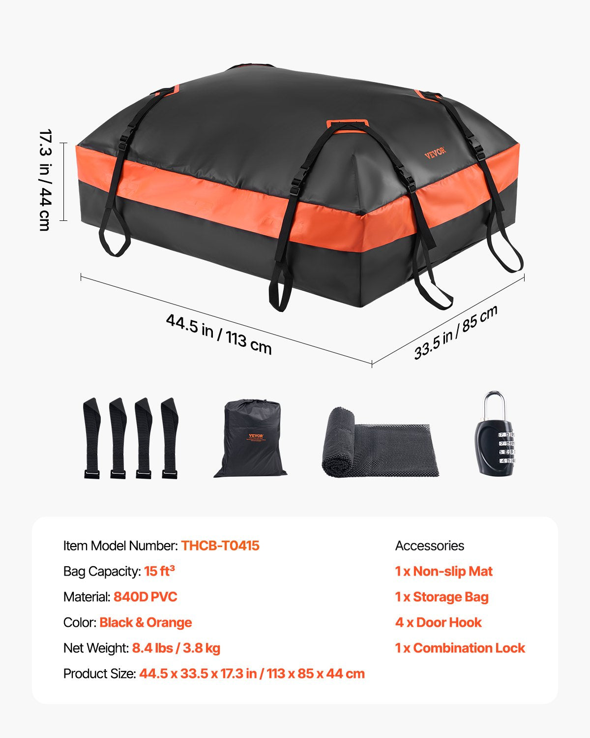 VEVOR Car Rooftop Cargo Carrier Bag 15 Cubic Feet Roof Cargo Carrier 840D PVC 