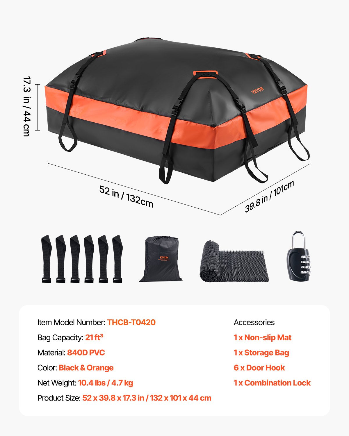 VEVOR Car Rooftop Cargo Carrier Bag 21 Cubic Feet Roof Cargo Carrier 840D PVC 