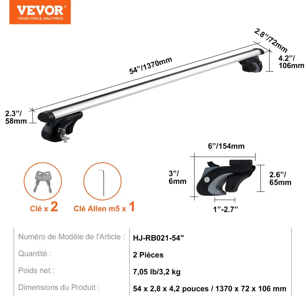 VEVOR Universal Roof Rack Cross Bars, 54" Aluminum Roof Rack Crossbars, Fit Existing Raised Side Rail with Gap, 200 lbs Load Capacity, Adjustable Crossbars with Locks, for SUVs, Sedans, and Vans