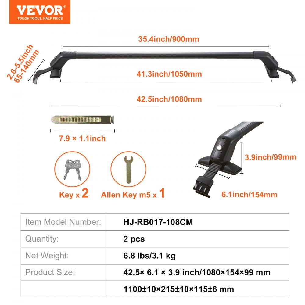 VEVOR Universal Roof Rack Cross Bars, 41.3" Aluminum Roof Rack Crossbars, Fit Roof without Side Rail, 155 lbs Load Capacity, Adjustable Bare Roof Crossbars with Locks, for SUVs, Sedans, and Vans 