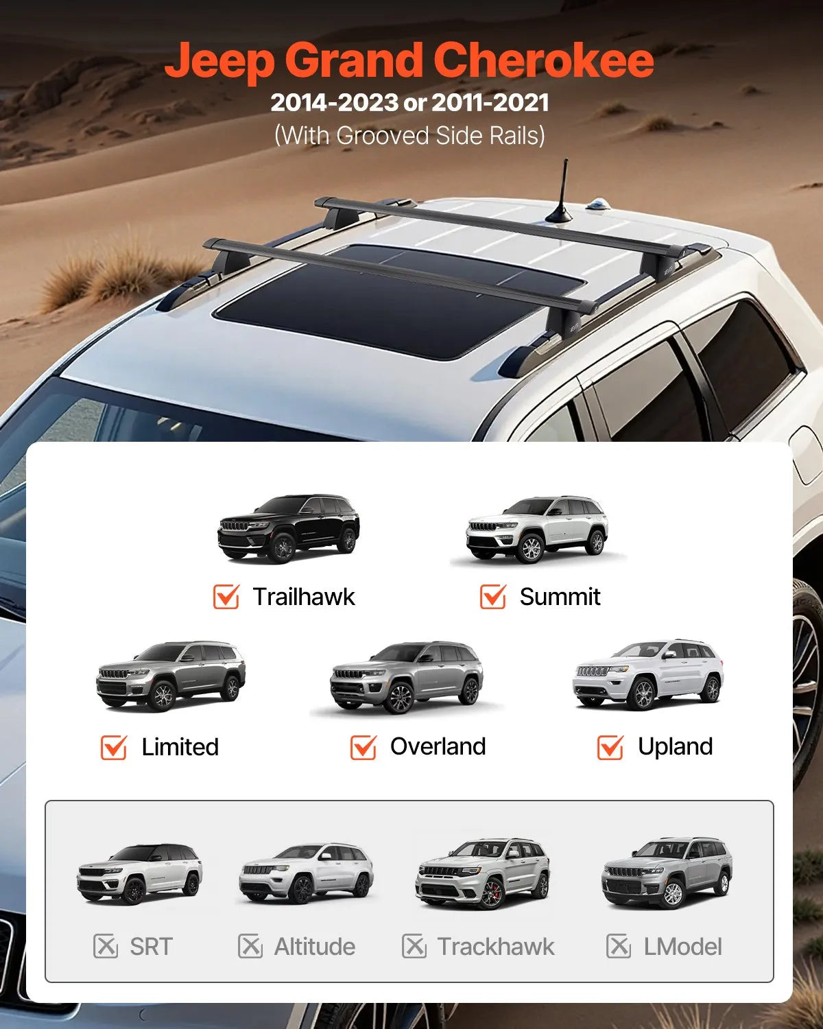 VEVOR Roof Rack Cross Bar for Jeep Grand Cherokee 2014-2023/2011-2021 with Rails