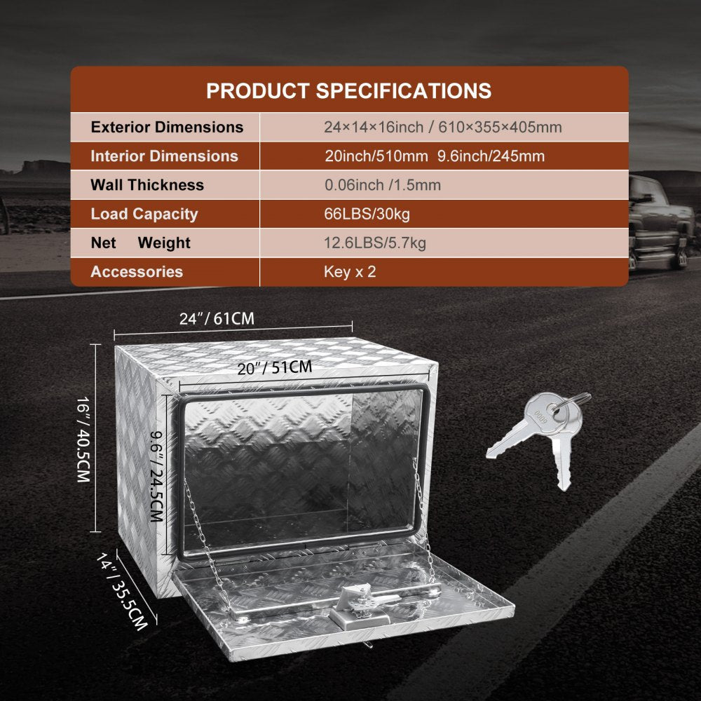 VEVOR Underbody Truck Box, 24"×14"×16" Pickup Storage Box, Heavy Duty Aluminum Diamond Plate Tool Box with Lock and Keys, Waterproof Trailer Storage Box with T-Handle Latch for Truck, Van, Trailer 