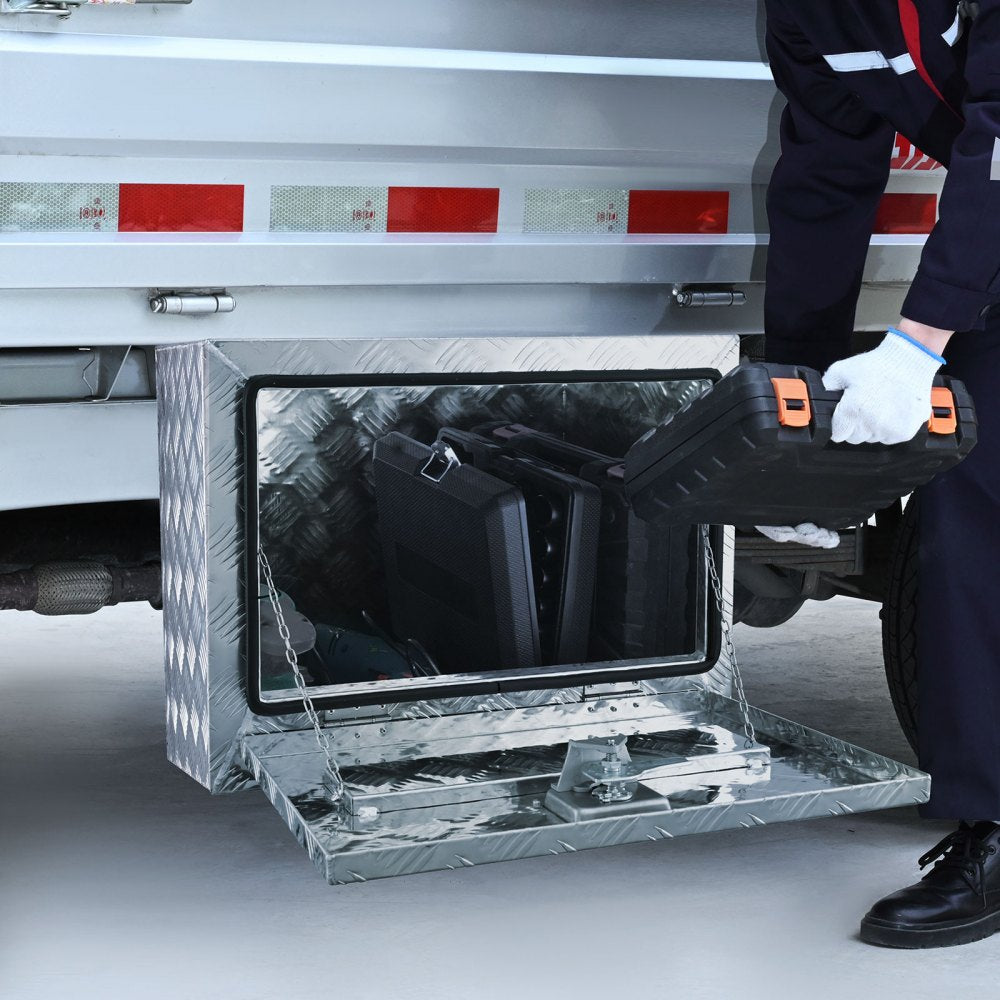 VEVOR Underbody Truck Box, 24"×14"×16" Pickup Storage Box, Heavy Duty Aluminum Diamond Plate Tool Box with Lock and Keys, Waterproof Trailer Storage Box with T-Handle Latch for Truck, Van, Trailer 