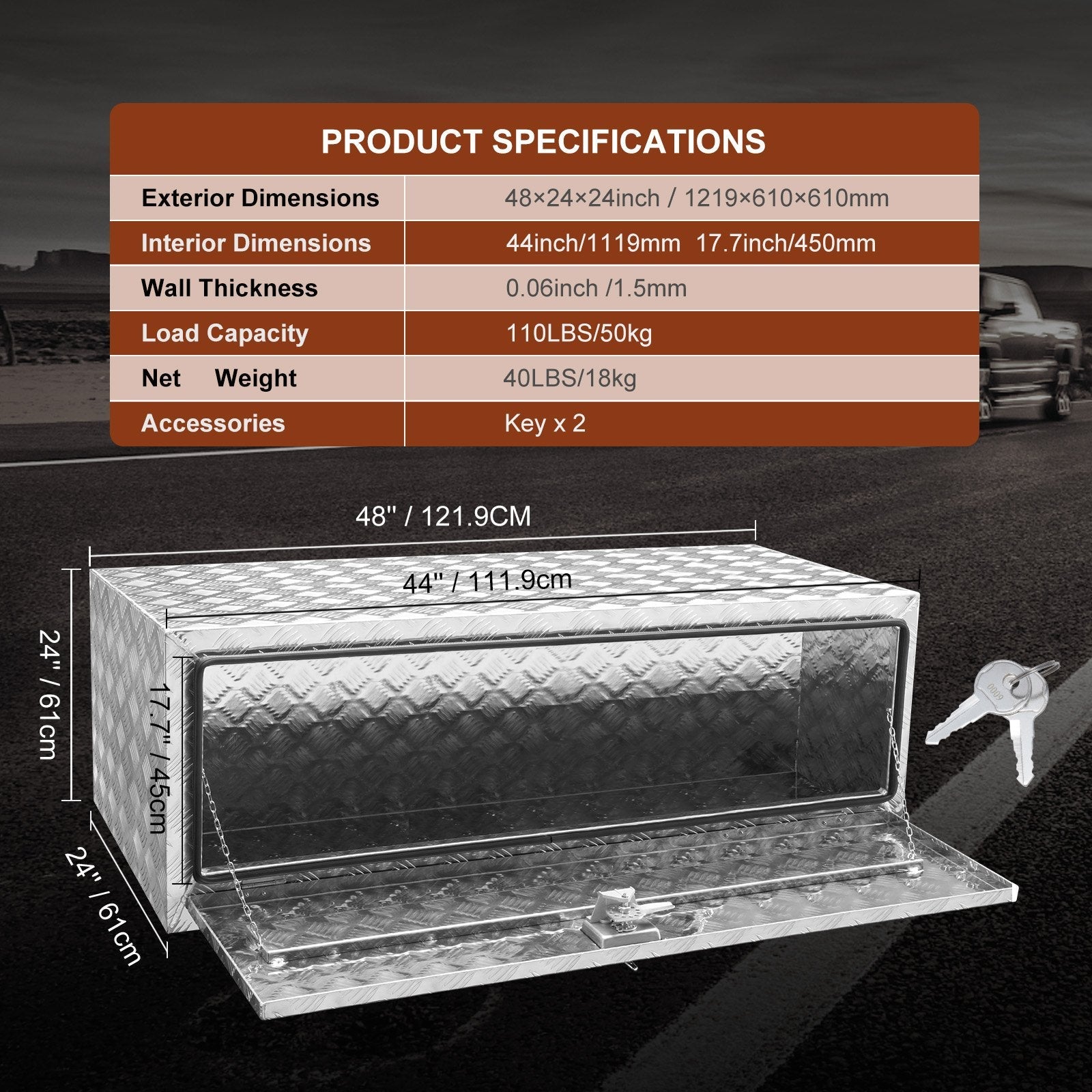 VEVOR Underbody Aluminum Truck Tool Box 48" x 24" x 24" Trailer RV Tool Storage 