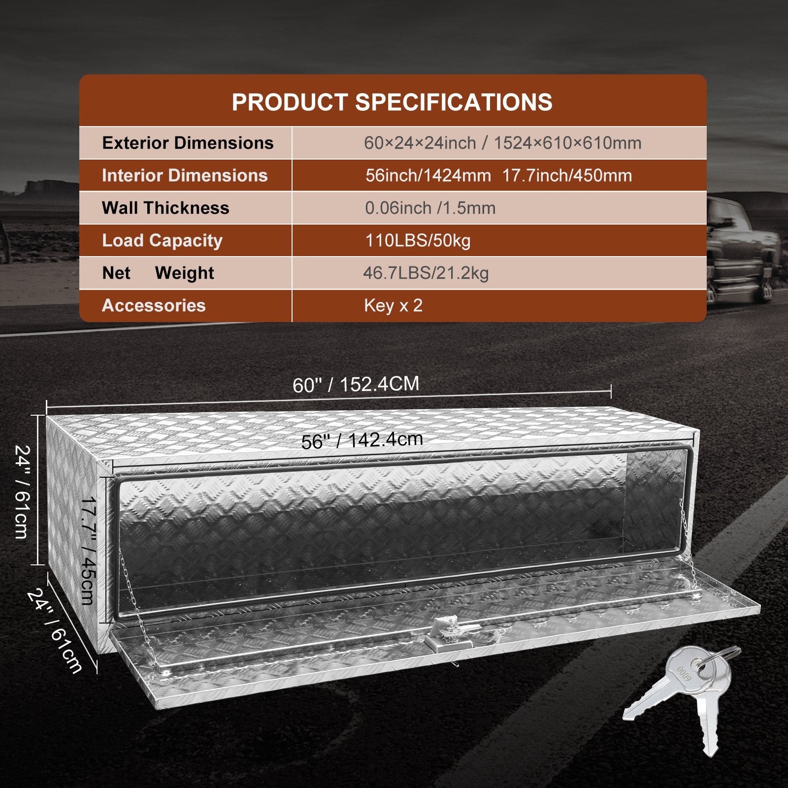 VEVOR Underbody Aluminum Truck Tool Box 60" x 24" x 24" Trailer RV Tool Storage 