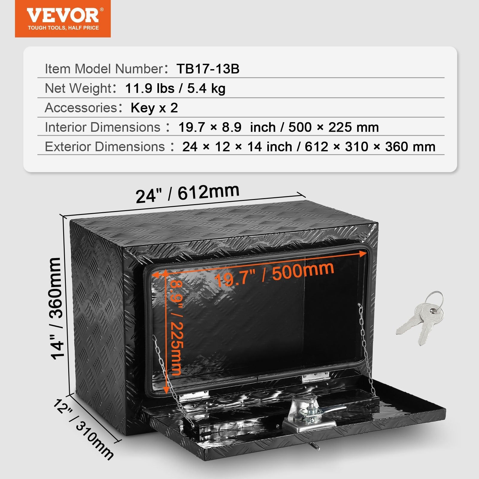 VEVOR Underbody Aluminum Truck Tool Box 24" x 12" x 14" Trailer RV Tool Storage 