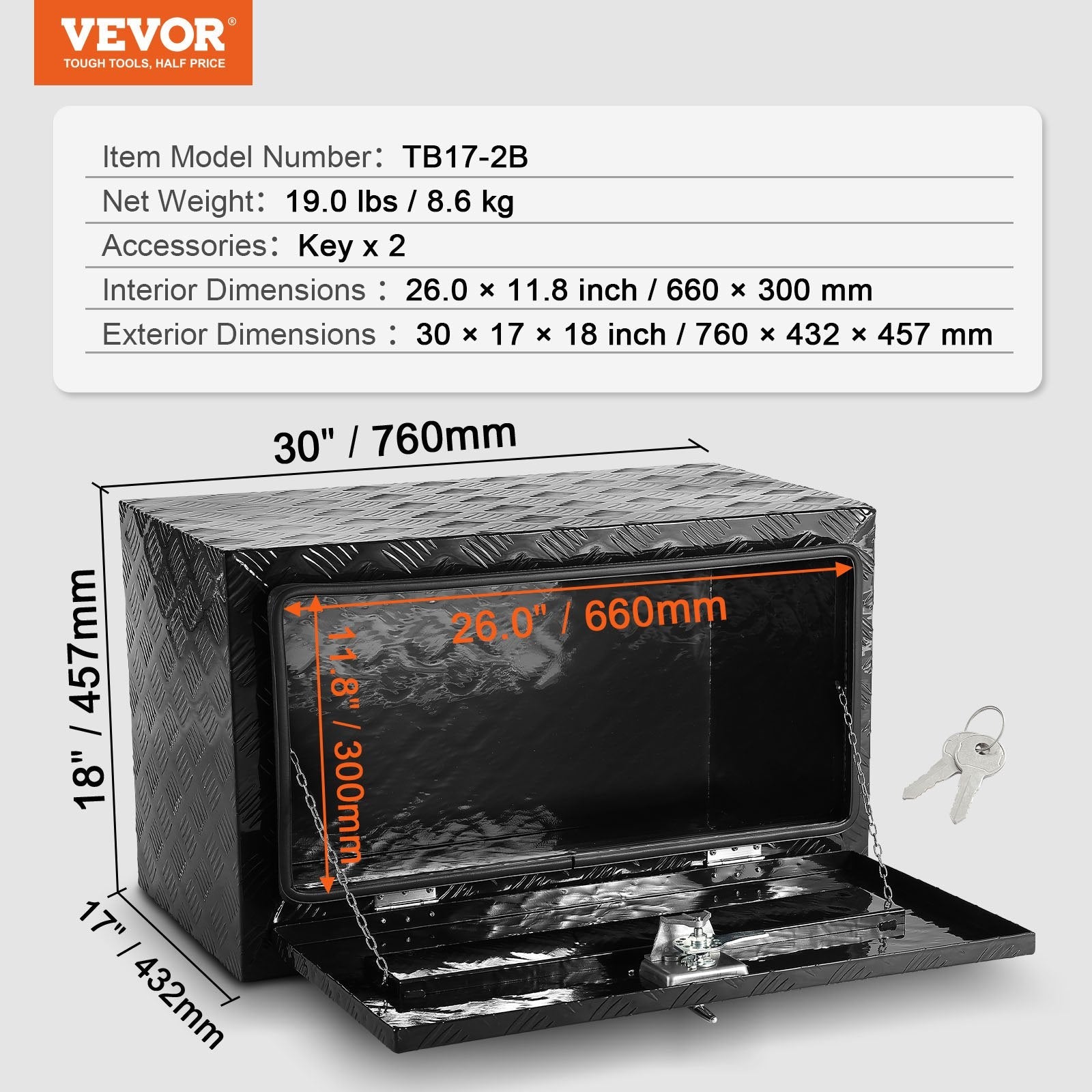 VEVOR Underbody Aluminum Truck Tool Box 30" x 17" x 18" Trailer RV Tool Storage 