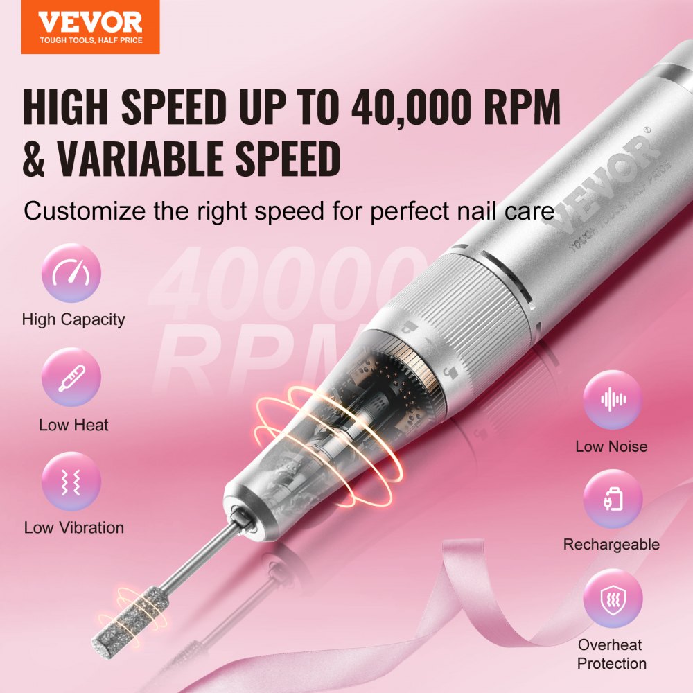 VEVOR Electric Rechargeable Nail Drill, 40,000RPM Portable Cordless Nail E File Machine, LCD-Display Acrylic Gel Grinder Tool with 6 Bits and 50PCS Sanding Bands for Manicure Pedicure Carve Polish 