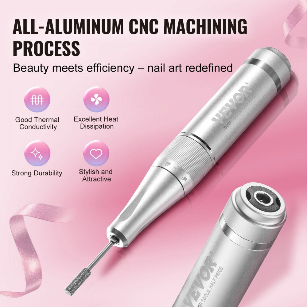 VEVOR Electric Rechargeable Nail Drill, 40,000RPM Portable Cordless Nail E File Machine, LCD-Display Acrylic Gel Grinder Tool with 6 Bits and 50PCS Sanding Bands for Manicure Pedicure Carve Polish 