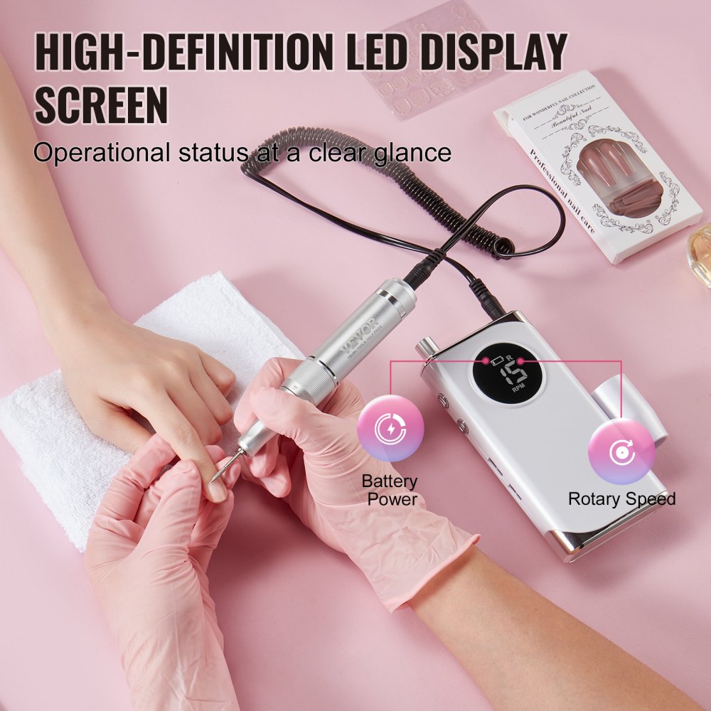 VEVOR Electric Rechargeable Nail Drill, 40,000RPM Portable Cordless Nail E File Machine, LCD-Display Acrylic Gel Grinder Tool with 6 Bits and 50PCS Sanding Bands for Manicure Pedicure Carve Polish 