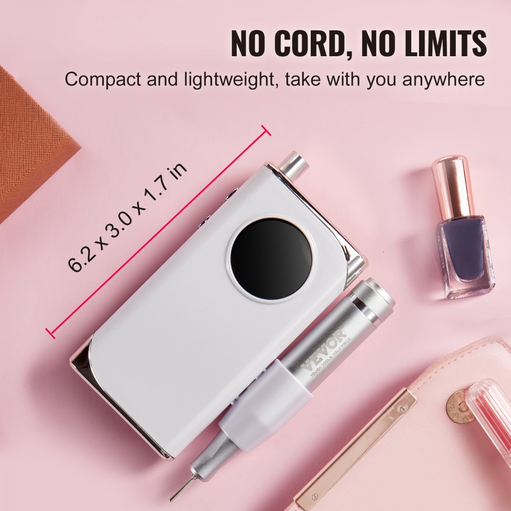 VEVOR Electric Rechargeable Nail Drill, 40,000RPM Portable Cordless Nail E File Machine, LCD-Display Acrylic Gel Grinder Tool with 6 Bits and 50PCS Sanding Bands for Manicure Pedicure Carve Polish 