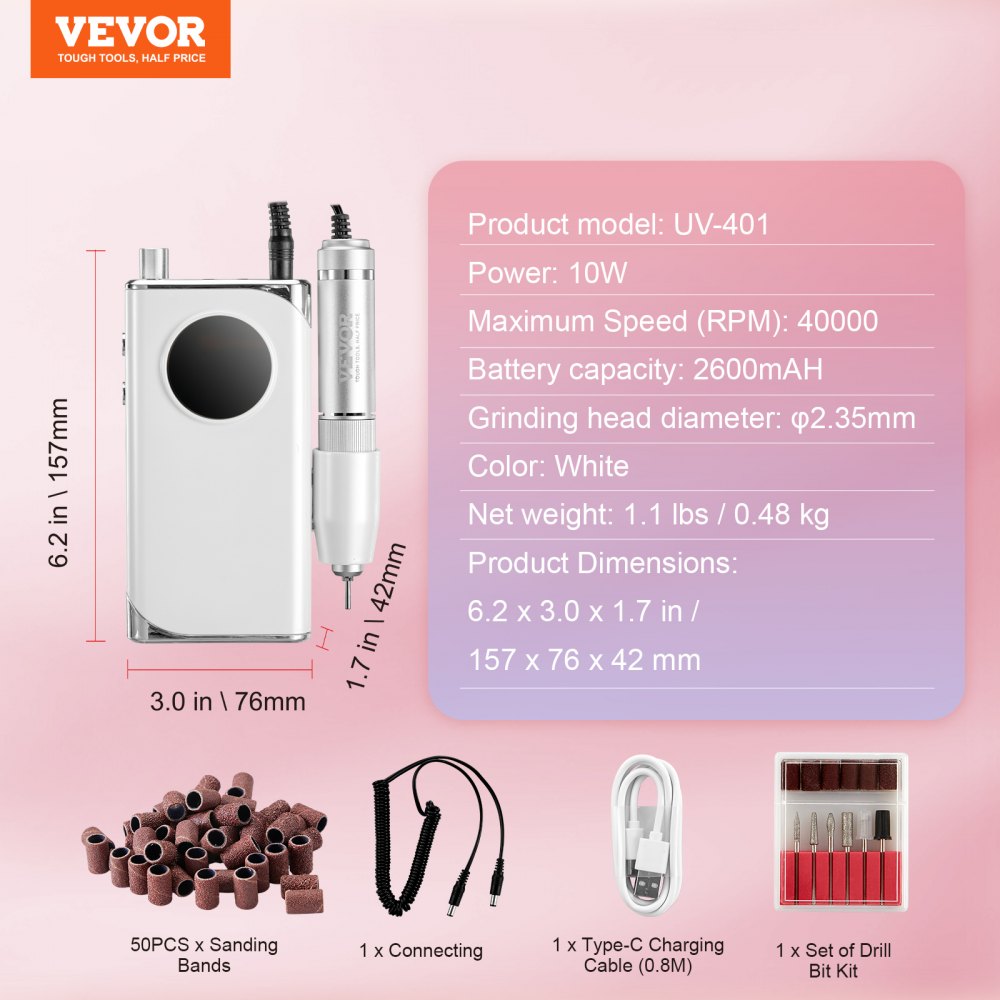 VEVOR Electric Rechargeable Nail Drill, 40,000RPM Portable Cordless Nail E File Machine, LCD-Display Acrylic Gel Grinder Tool with 6 Bits and 50PCS Sanding Bands for Manicure Pedicure Carve Polish 