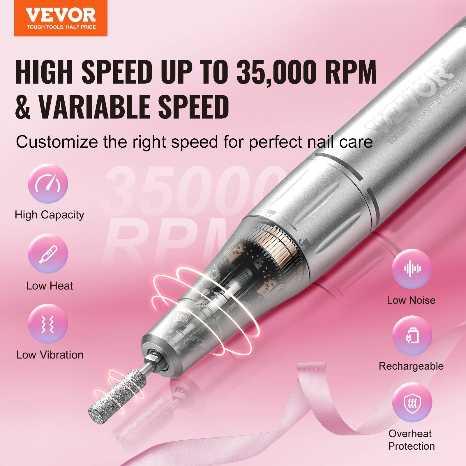 VEVOR Electric Rechargeable Nail Drill, 35,000RPM Portable Cordless Nail E File Machine, LCD-Display Acrylic Gel Grinder Tool with 6 Bits and 50PCS Sanding Bands for Manicure Pedicure Carve Polish 
