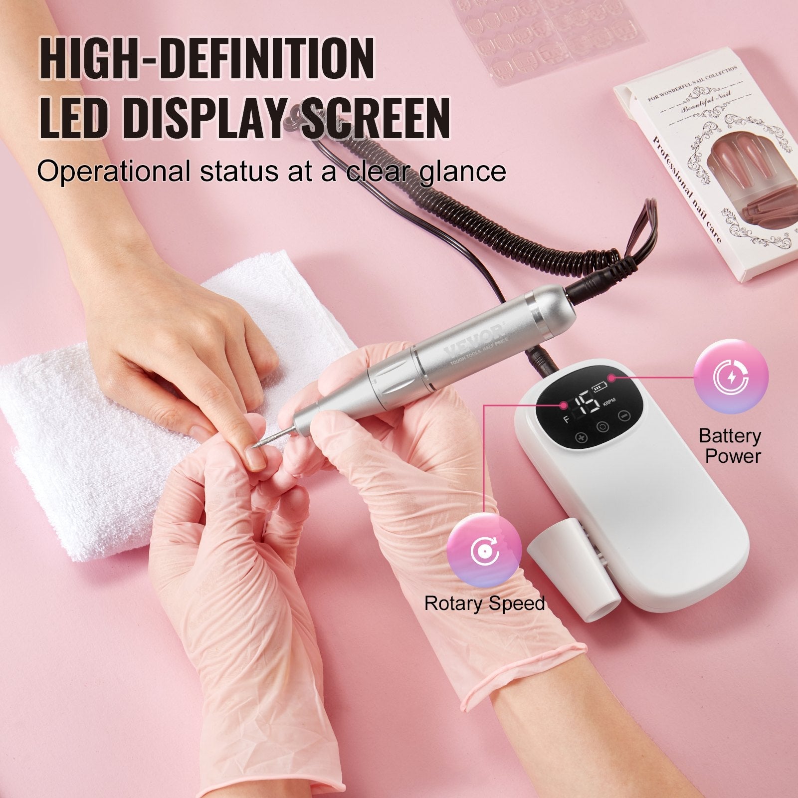 VEVOR Electric Rechargeable Nail Drill, 35,000RPM Portable Cordless Nail E File Machine, LCD-Display Acrylic Gel Grinder Tool with 6 Bits and 50PCS Sanding Bands for Manicure Pedicure Carve Polish 