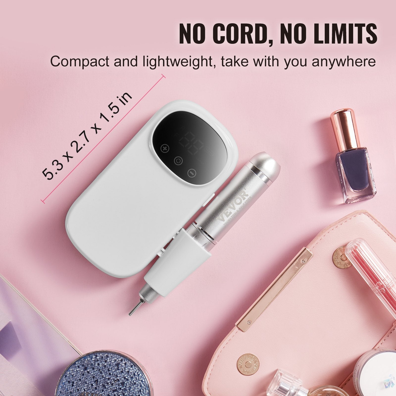 VEVOR Electric Rechargeable Nail Drill, 35,000RPM Portable Cordless Nail E File Machine, LCD-Display Acrylic Gel Grinder Tool with 6 Bits and 50PCS Sanding Bands for Manicure Pedicure Carve Polish 