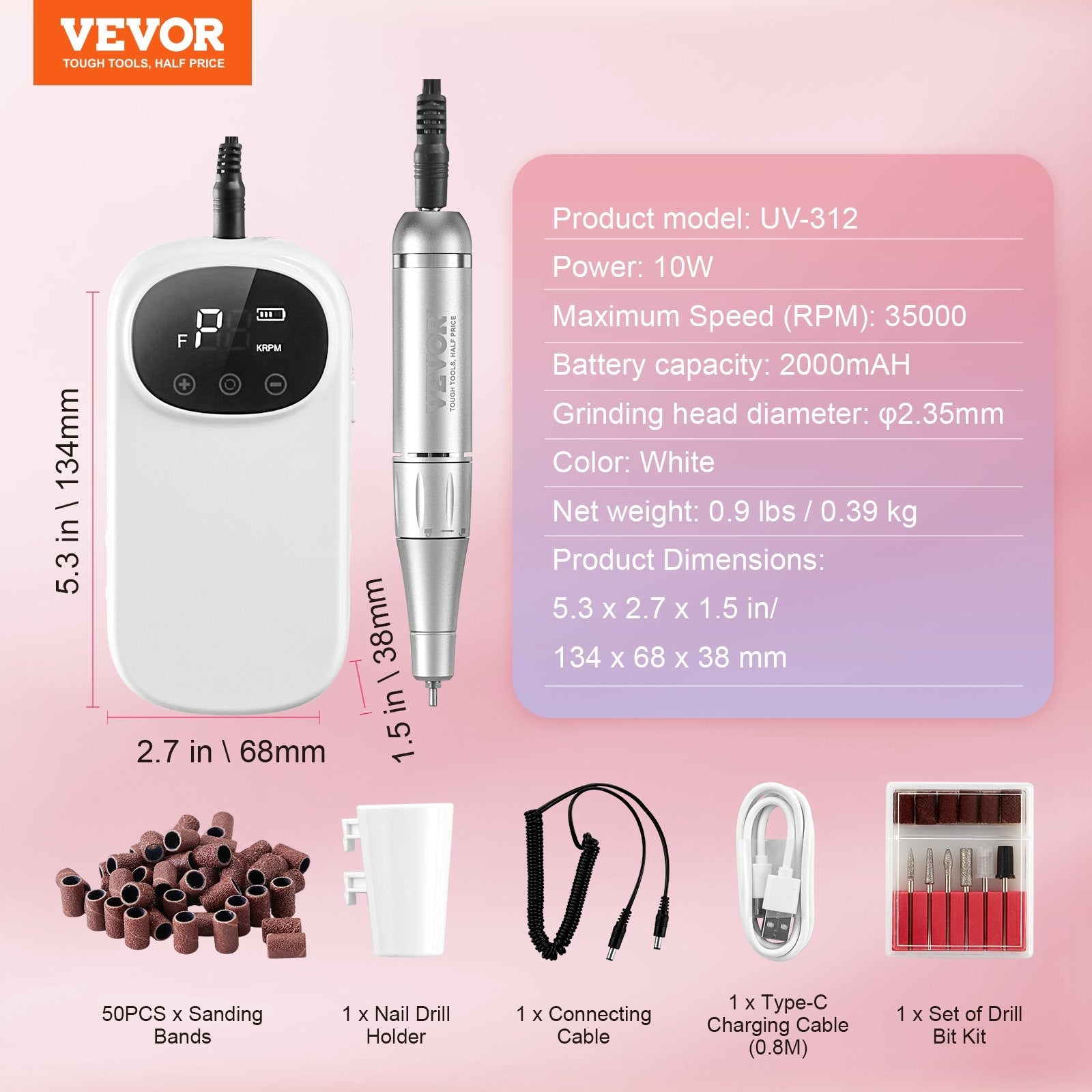 VEVOR Electric Rechargeable Nail Drill, 35,000RPM Portable Cordless Nail E File Machine, LCD-Display Acrylic Gel Grinder Tool with 6 Bits and 50PCS Sanding Bands for Manicure Pedicure Carve Polish 