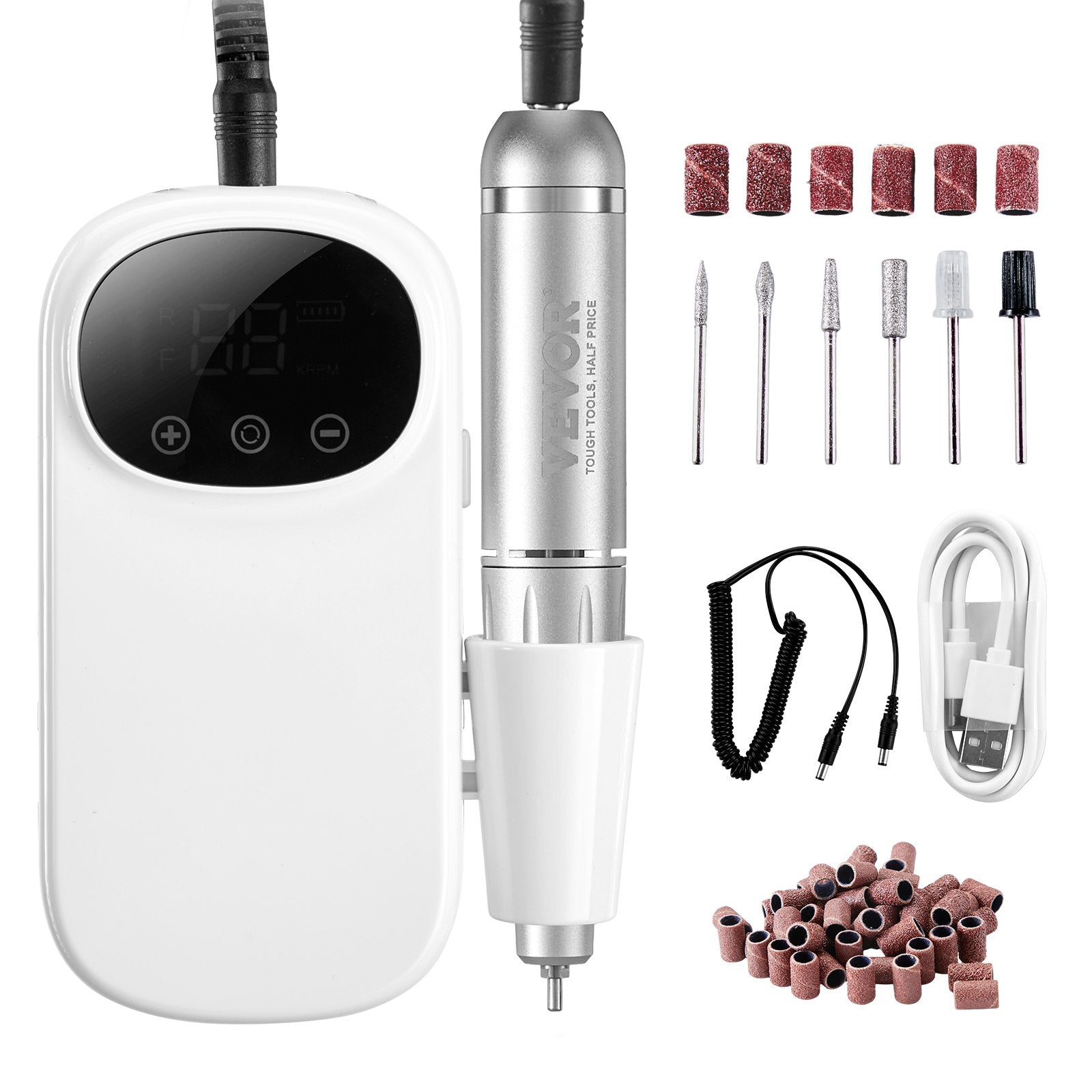 VEVOR Electric Rechargeable Nail Drill, 35,000RPM Portable Cordless Nail E File Machine, LCD-Display Acrylic Gel Grinder Tool with 6 Bits and 50PCS Sanding Bands for Manicure Pedicure Carve Polish 