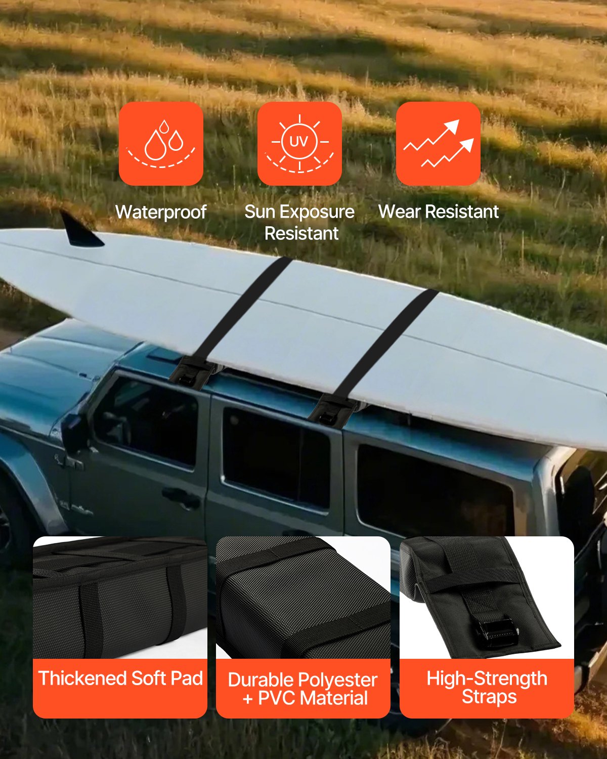 VEVOR Soft Roof Rack Pads 33in 176lbs Load Capacity for Kayak Canoe Surfboard Luggage 