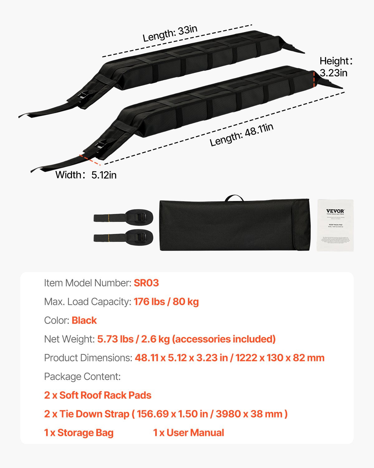 VEVOR Soft Roof Rack Pads 33in 176lbs Load Capacity for Kayak Canoe Surfboard Luggage 