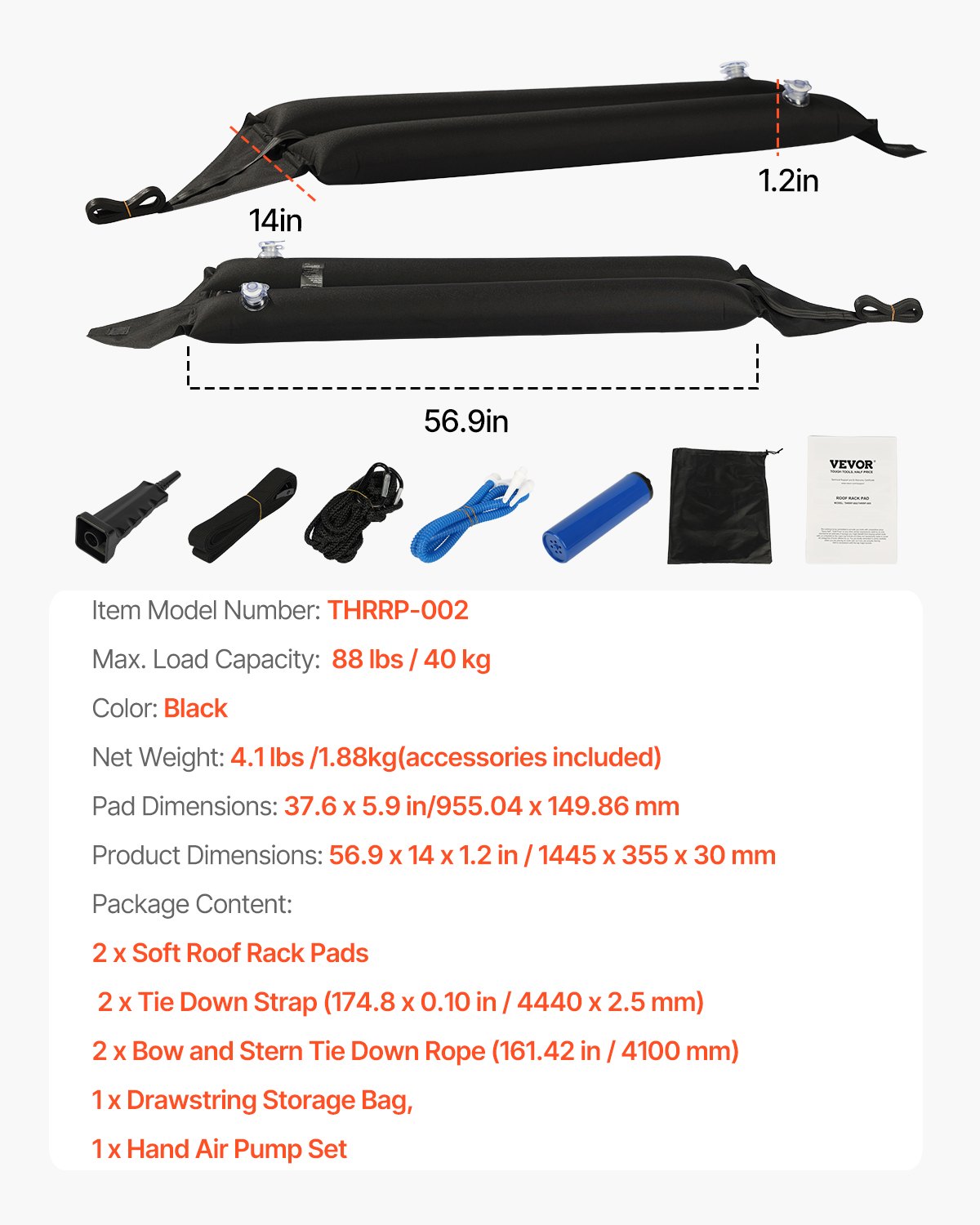 VEVOR Inflatable Roof Rack Pads 88lbs Load Capacity for Kayak Canoe Surfboard 