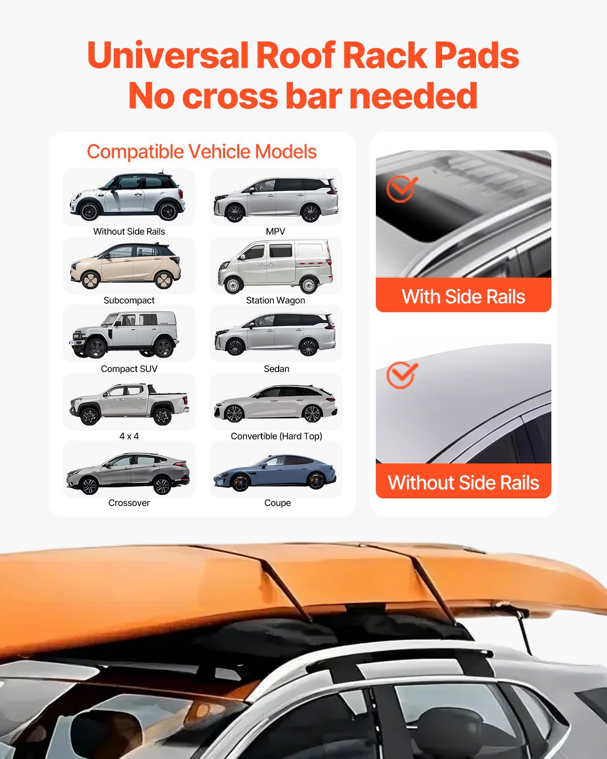 VEVOR Soft Roof Rack Pads, 31.5" Universal Car Roof Rack Pad, 176LBS Load Capacity Luggage Kayak Carrier with 4 Tie-Down Straps,  2 Quick Loop Straps & Storage Bag for SUP Canoe Snowboard Paddle Board 