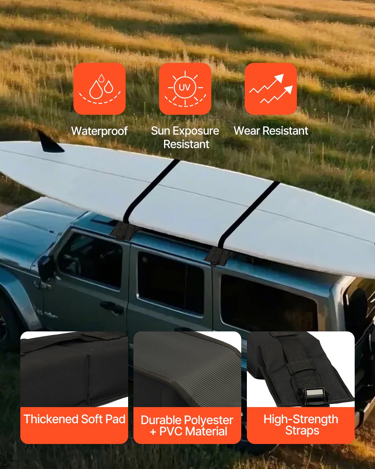 VEVOR Soft Roof Rack Pads, 31.5" Universal Car Roof Rack Pad, 176LBS Load Capacity Luggage Kayak Carrier with 4 Tie-Down Straps,  2 Quick Loop Straps & Storage Bag for SUP Canoe Snowboard Paddle Board 