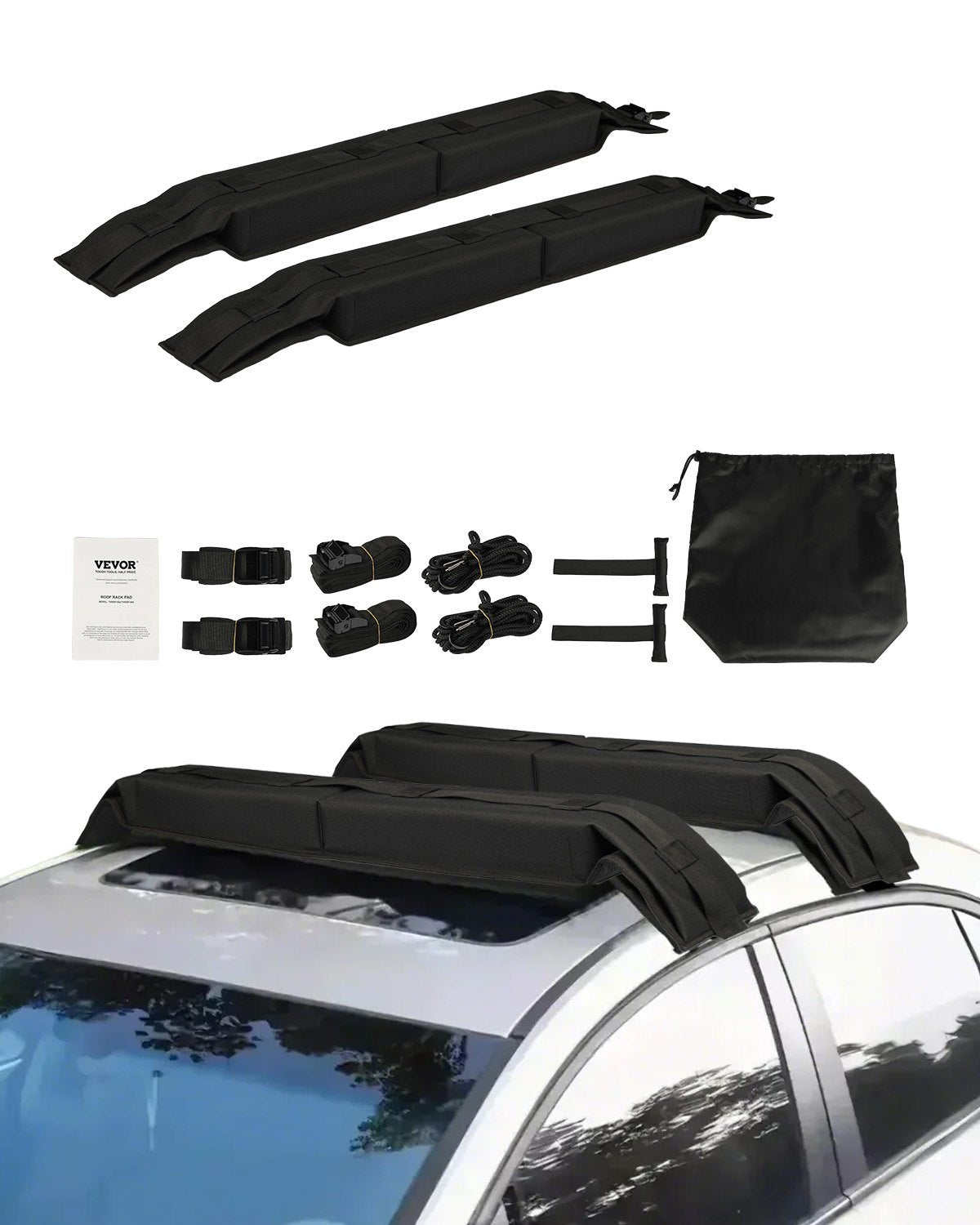 VEVOR Soft Roof Rack Pads, 31.5" Universal Car Roof Rack Pad, 176LBS Load Capacity Luggage Kayak Carrier with 4 Tie-Down Straps,  2 Quick Loop Straps & Storage Bag for SUP Canoe Snowboard Paddle Board 