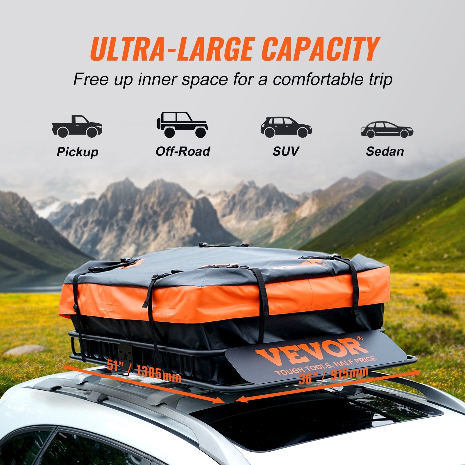 VEVOR Roof Rack Cargo Basket, 51" x 36" x 5" Rooftop Cargo Carrier w/ 15 Cu Ft Waterproof Cargo Bag, 200 LBS Capacity Universal Rack Carrier for SUV, Truck 