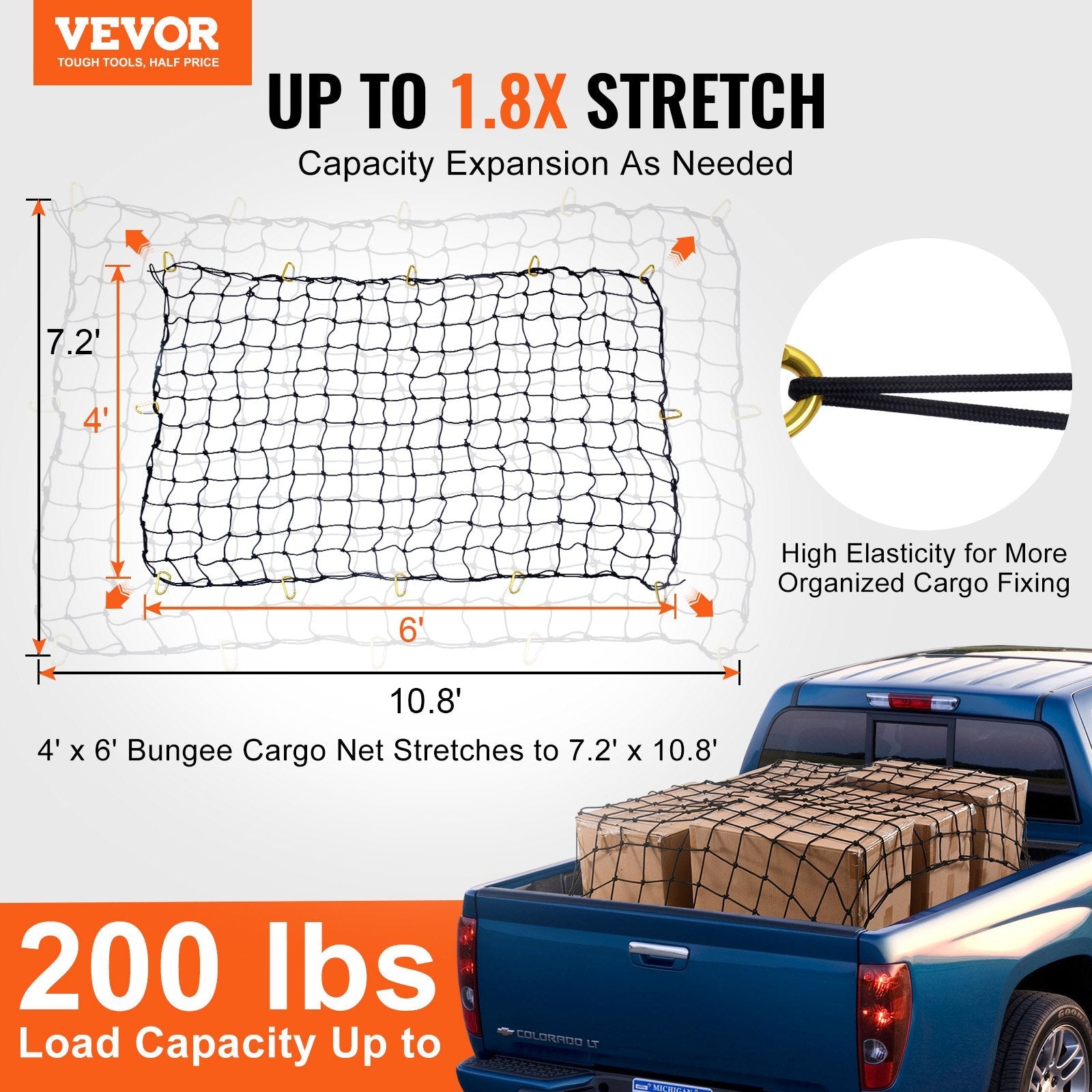 VEVOR Cargo Net Heavy Duty Bungee Cargo Net 7.2' x 10.8' Stretchable for Trucks 