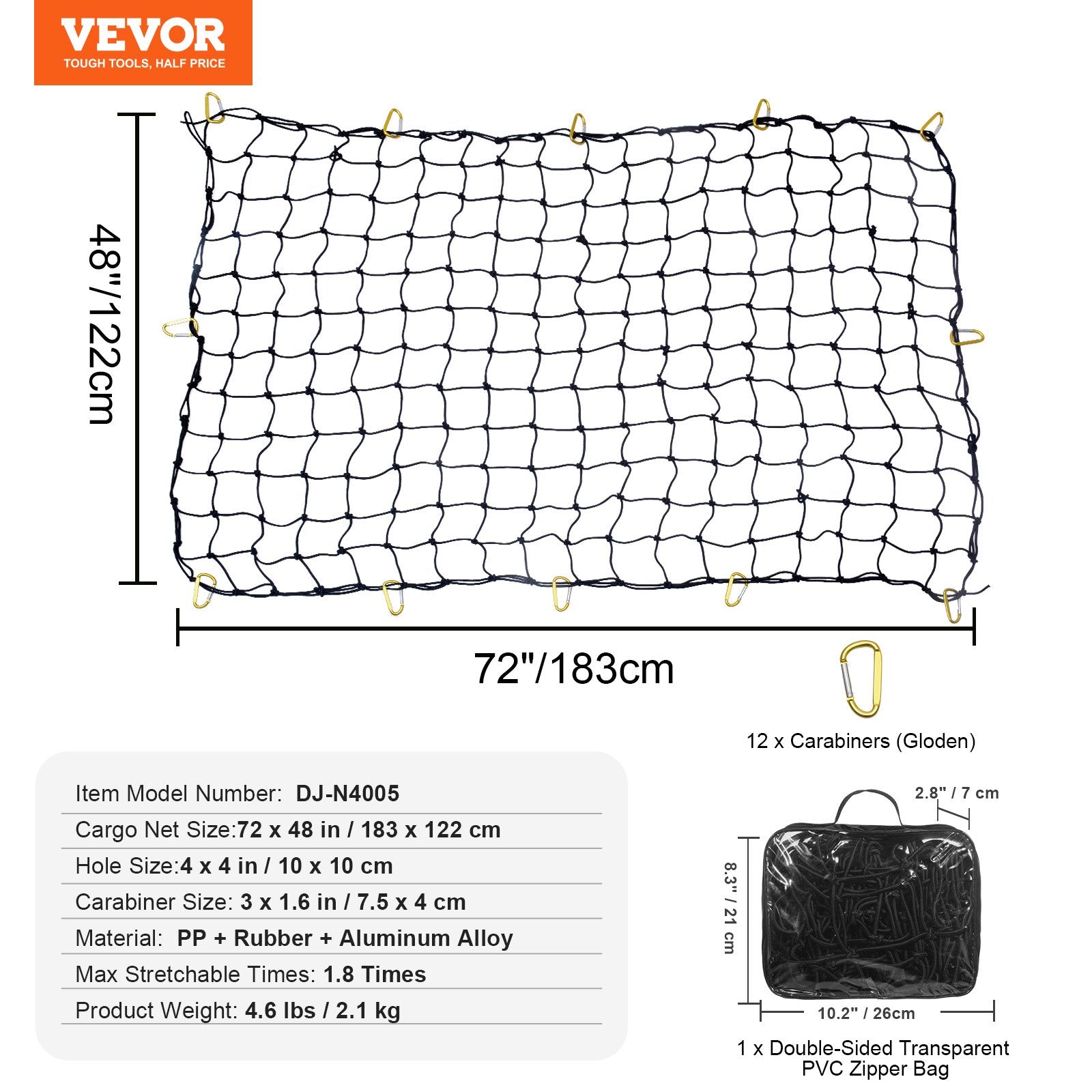 VEVOR Cargo Net Heavy Duty Bungee Cargo Net 7.2' x 10.8' Stretchable for Trucks 