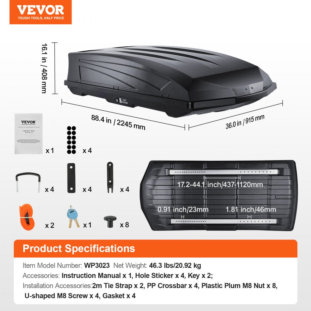 VEVOR Rooftop Cargo Carrier 22 Cubic Feet Luggage Storage Box ABS for SUVs Cars 