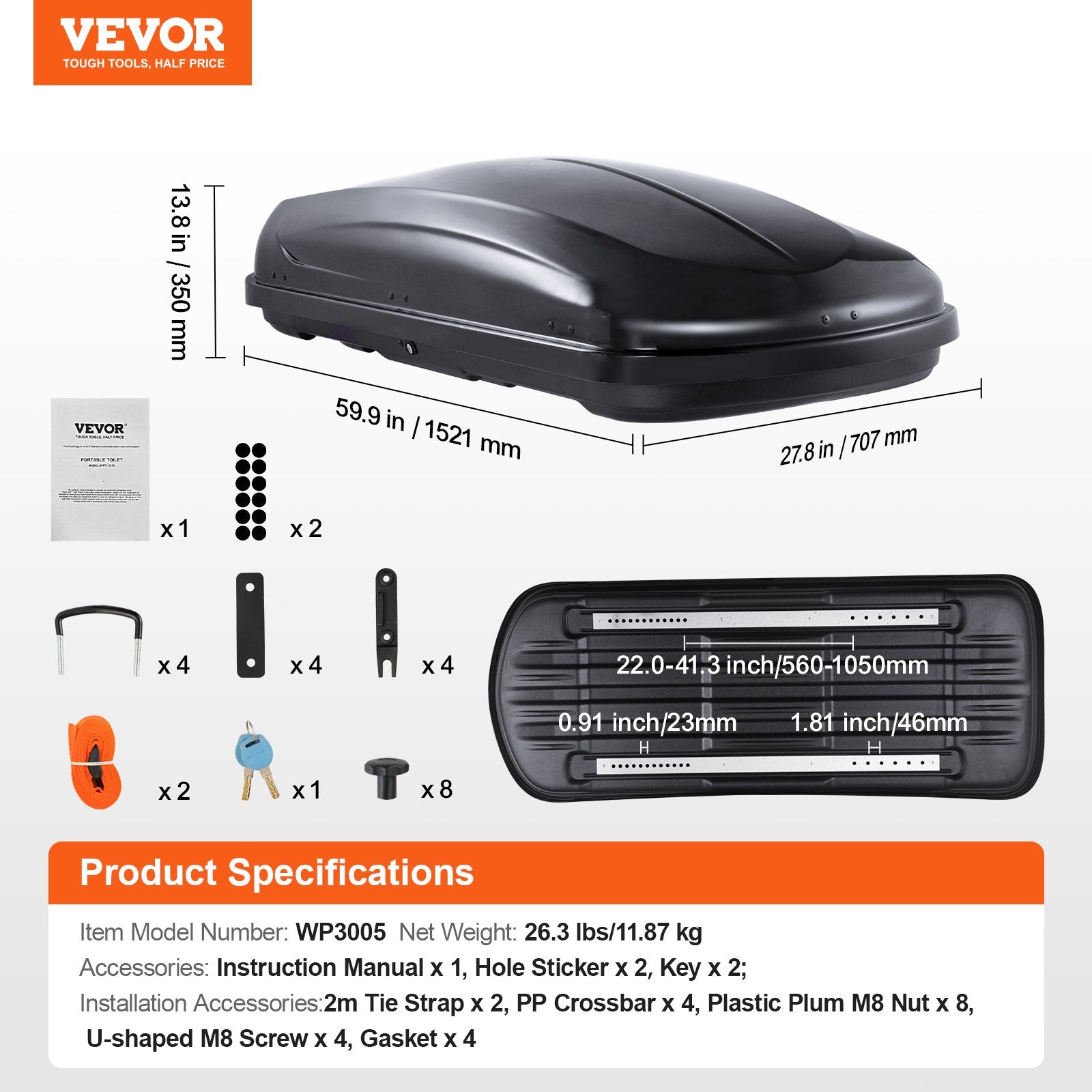 VEVOR Rooftop Cargo Carrier 8 Cubic Feet Luggage Storage Box ABS for SUVs Cars 