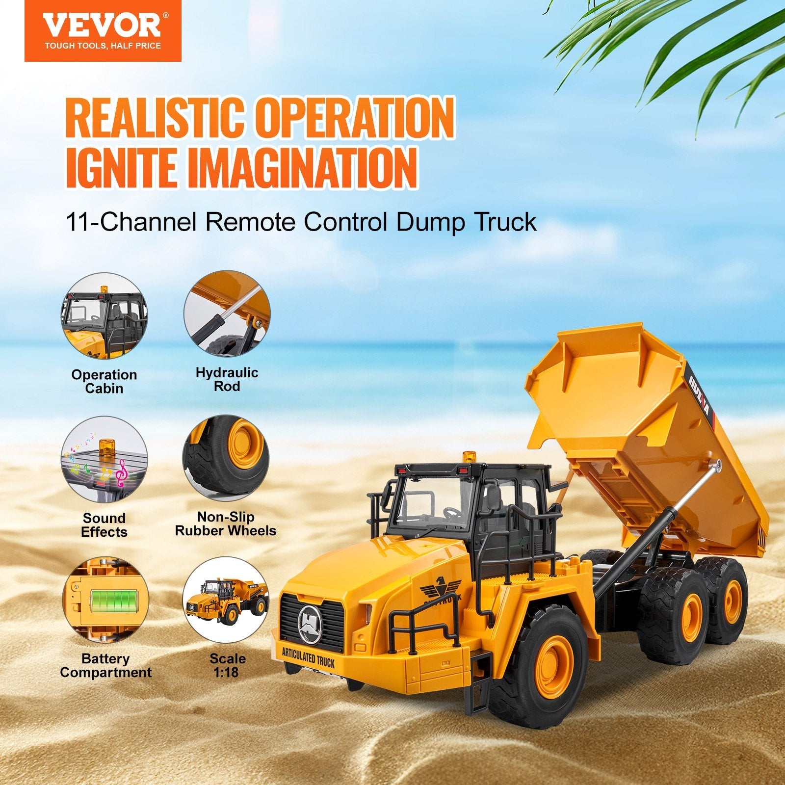 VEVOR RC Remote Control Dump Truck Toy Construction Vehicle Toy 11CH 1:18 Scale 