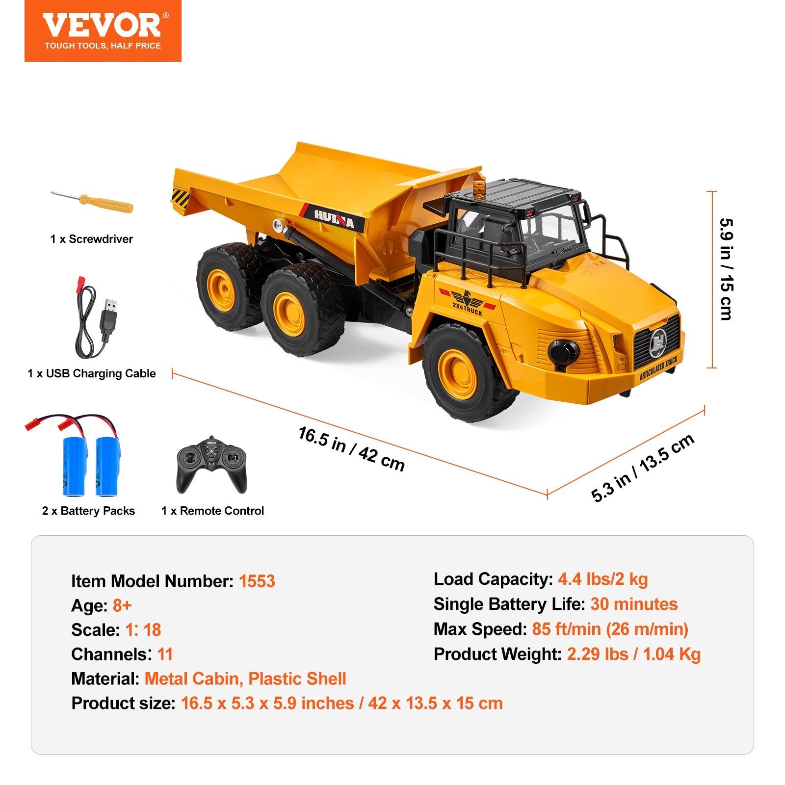 VEVOR RC Remote Control Dump Truck Toy Construction Vehicle Toy 11CH 1:18 Scale 