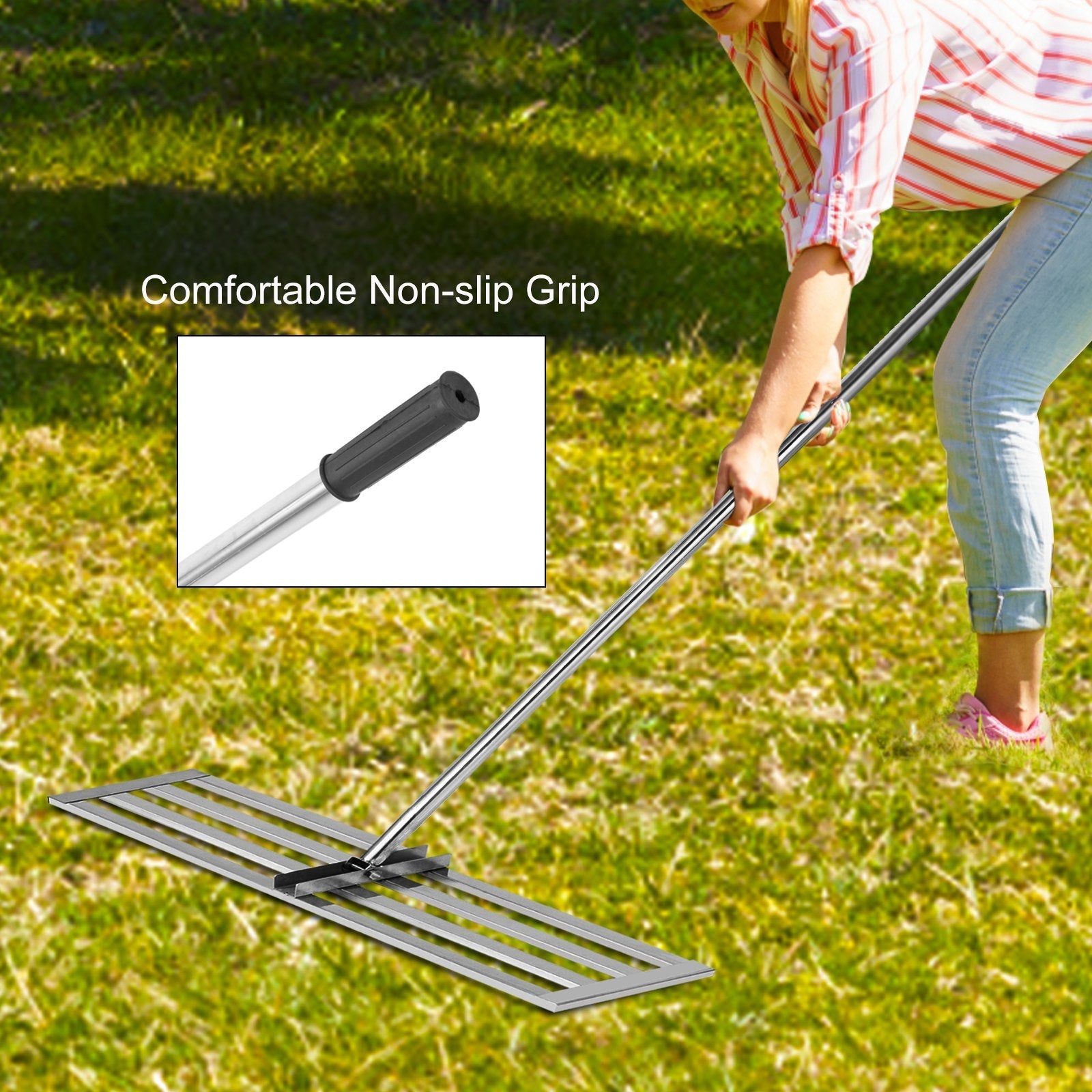 VEVOR Lawn Leveler Tool 17 x 10 in, Lawn Leveling Rake with 77 in Long Handle, Soil Leveling Tool Stainless Steel, Leveling Soil Dirt or Sand Ground Surface for Yard Garden Ground and Golf Lawn 