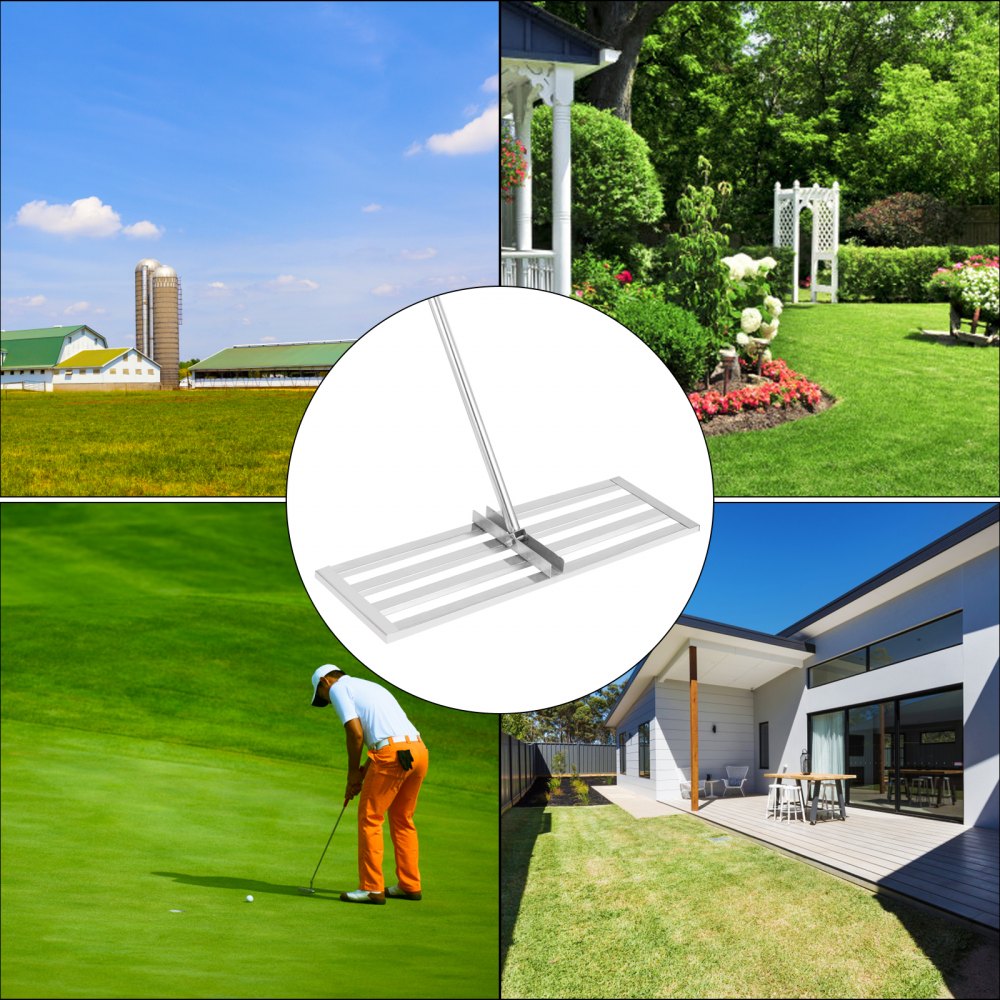 VEVOR Lawn Leveler Tool 30 x 10 in, Lawn Leveling Rake with 77 in Long Handle, Soil Leveling Tool Stainless Steel, Leveling Soil Dirt or Sand Ground Surface for Yard Garden Ground and Golf Lawn 