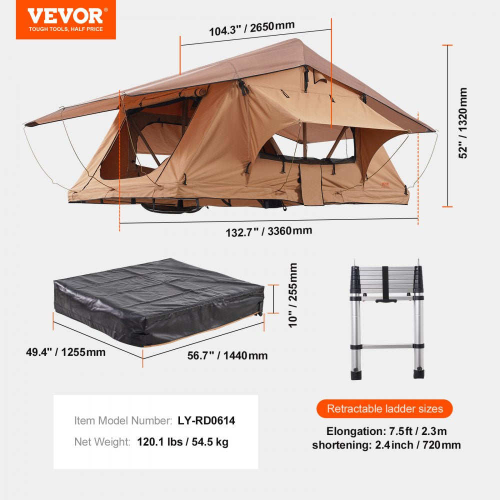 VEVOR Rooftop Tent Hard Shell 2-3 Person Waterproof for Jeep SUV Truck w/ Ladder 